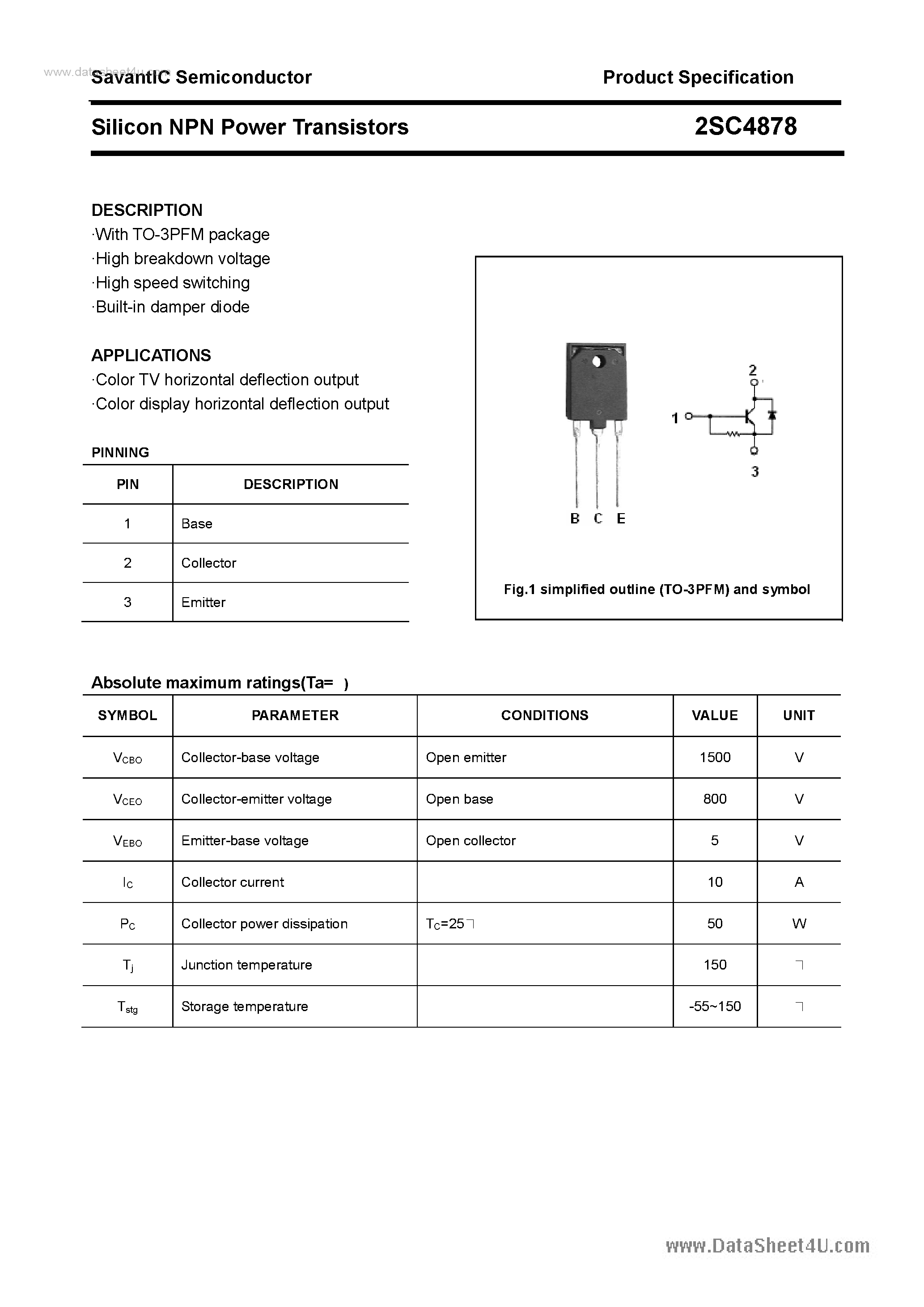Даташит 2SC4878 - SILICON POWER TRANSISTOR страница 1