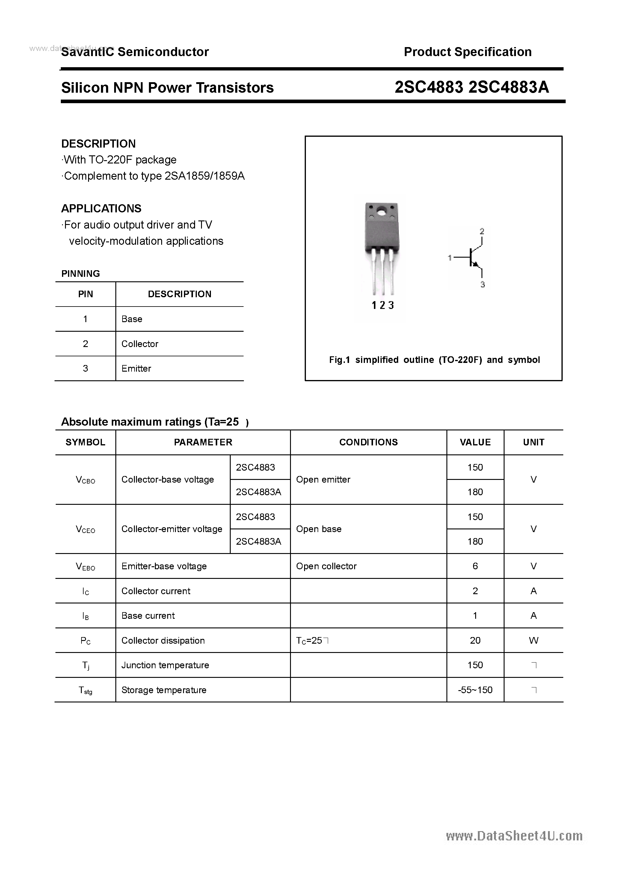 Datasheet 2SC4883 page 1 Datasheet 2SC4883 - SILICON POWER TRANSISTOR page 1