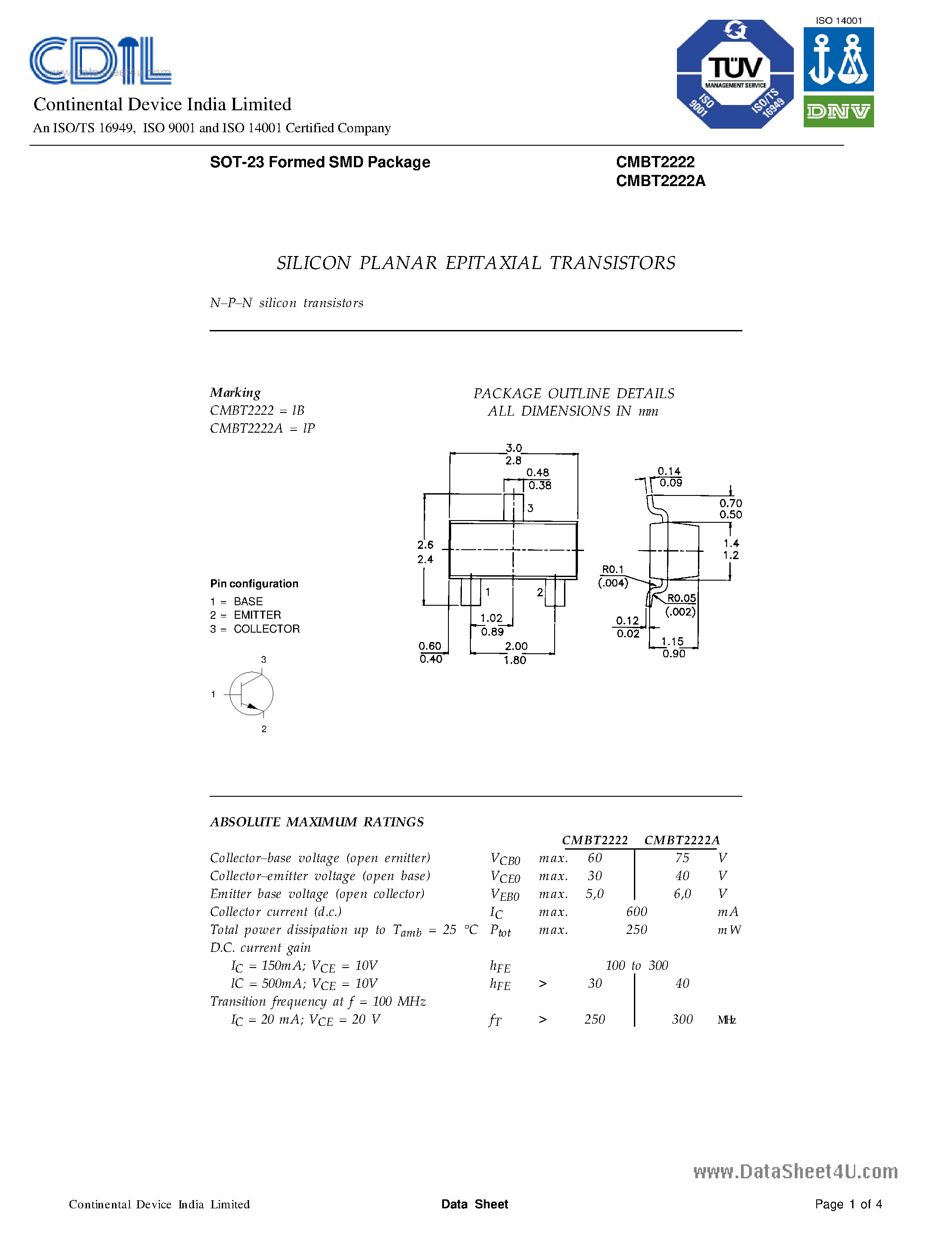 Даташит CMBT2222A - SILICON PLANAR EPITAXIAL TRANSISTORS страница 1