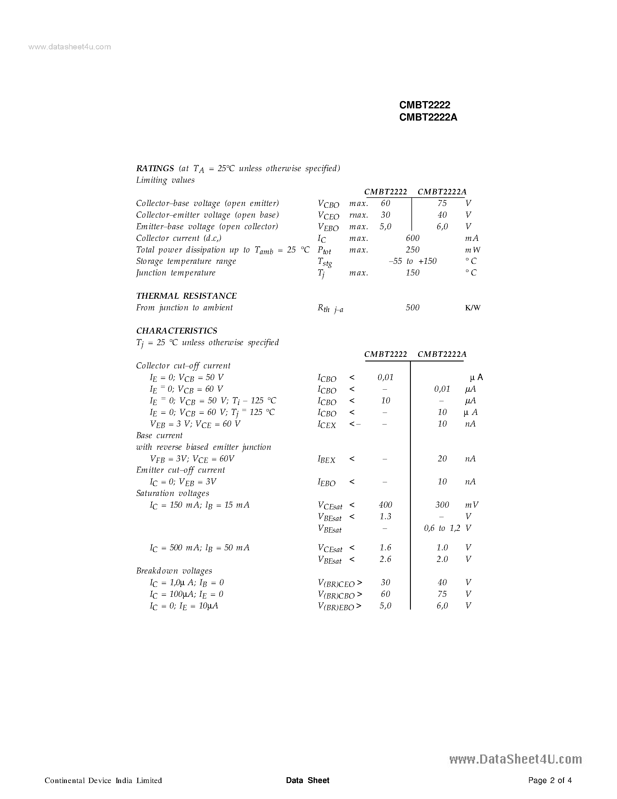 Даташит CMBT2222A - SILICON PLANAR EPITAXIAL TRANSISTORS страница 2