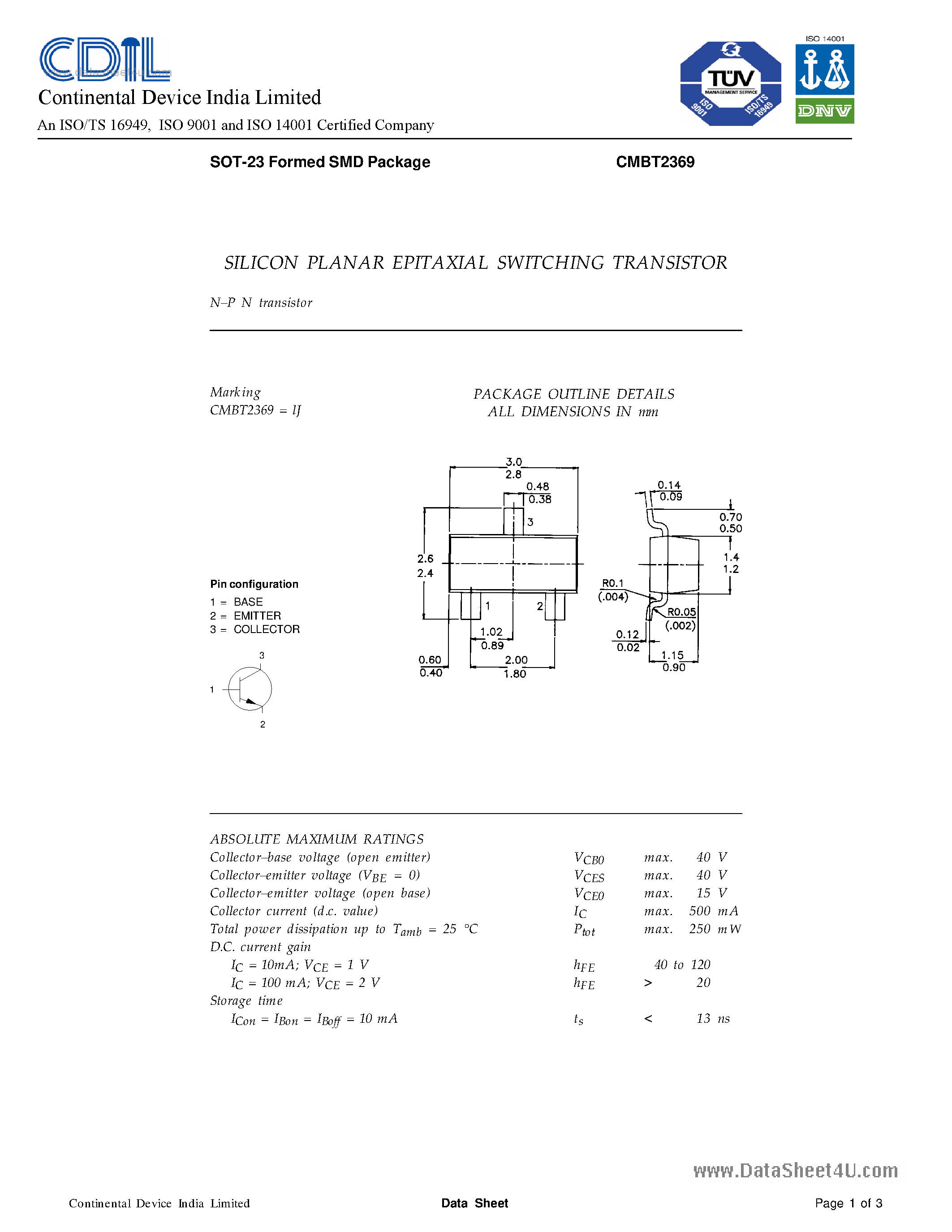 Даташит CMBT2369 - SILICON PLANAR EPITAXIAL TRANSISTORS страница 1