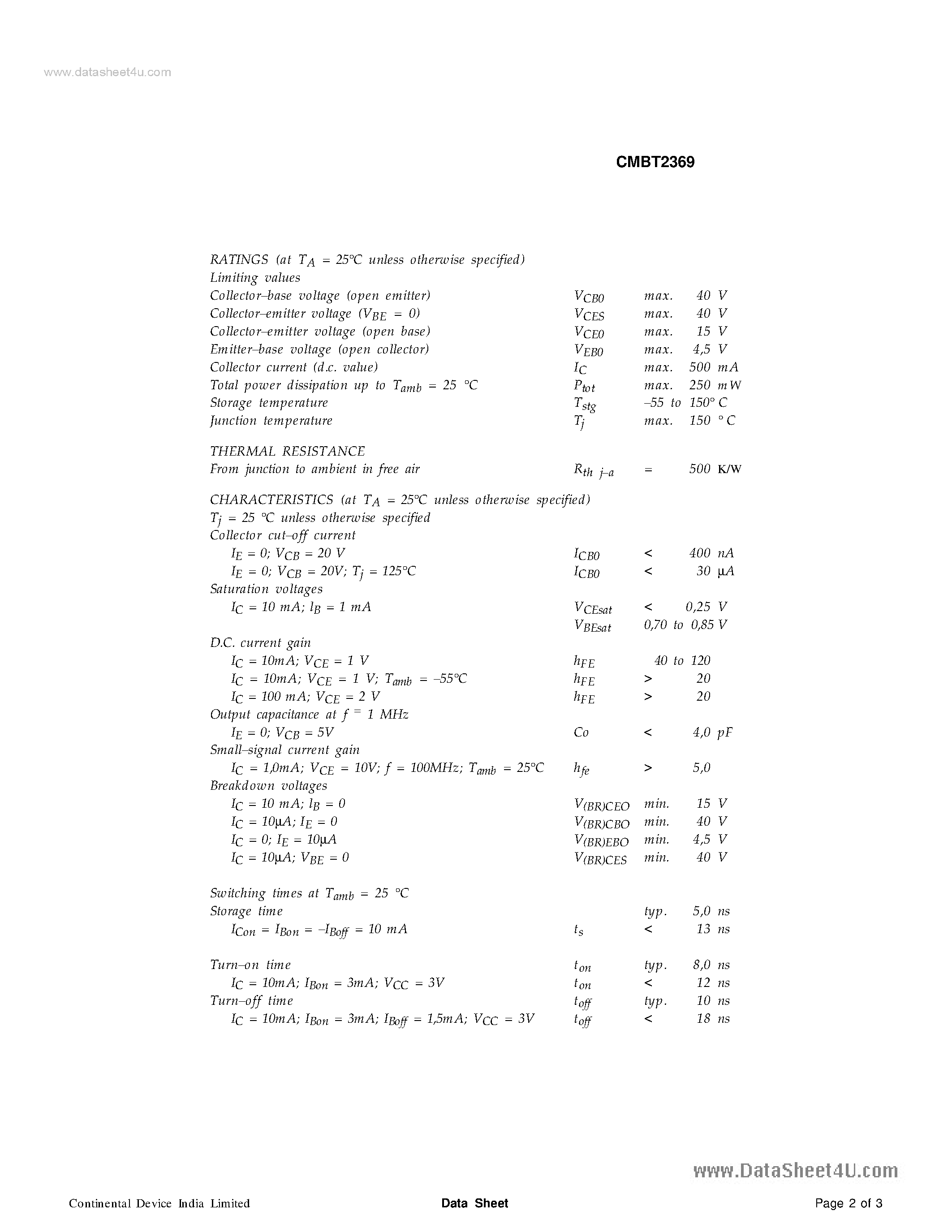 Даташит CMBT2369 - SILICON PLANAR EPITAXIAL TRANSISTORS страница 2
