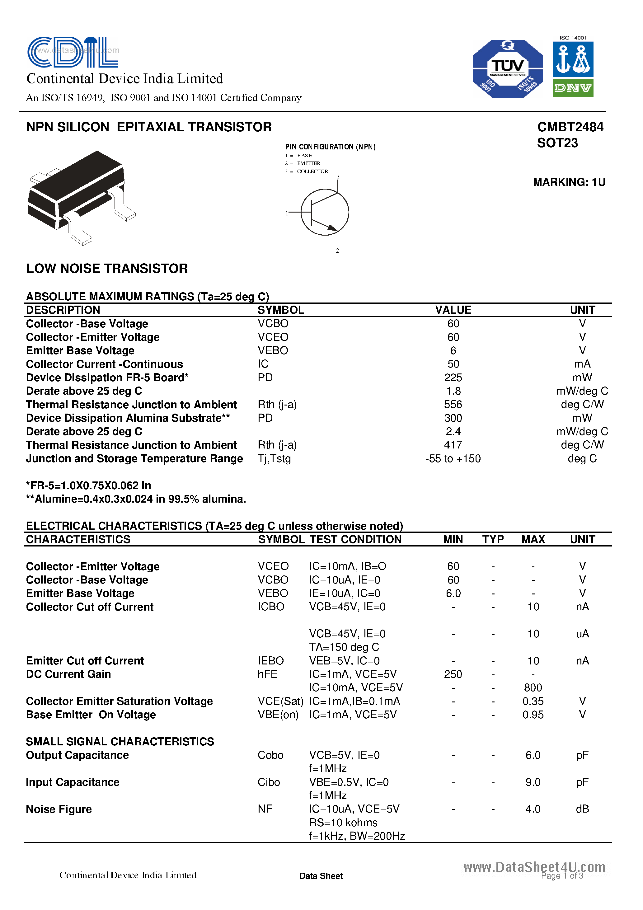 Даташит CMBT2484 - SILICON PLANAR EPITAXIAL TRANSISTORS страница 1