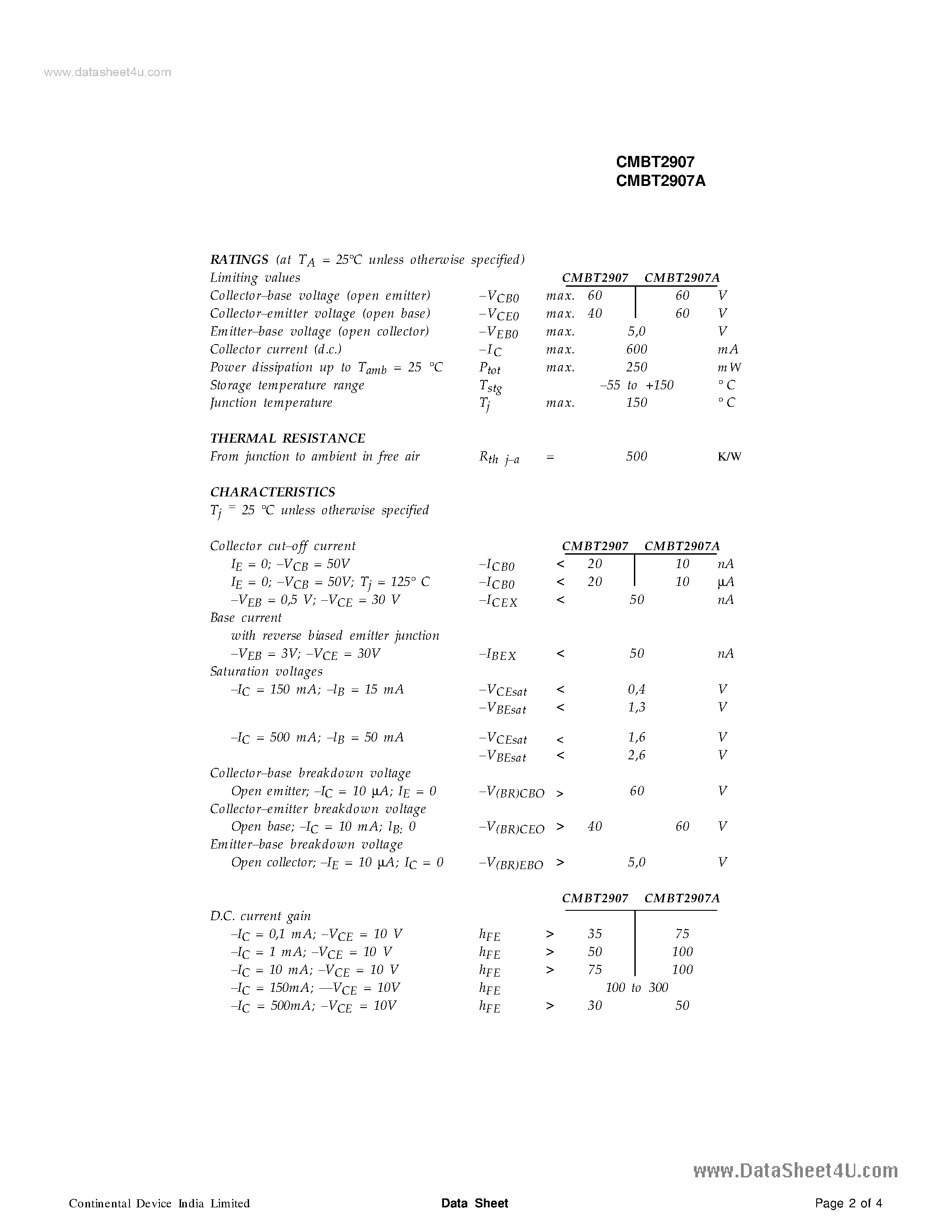 Даташит CMBT2907 - SILICON PLANAR EPITAXIAL TRANSISTORS страница 2