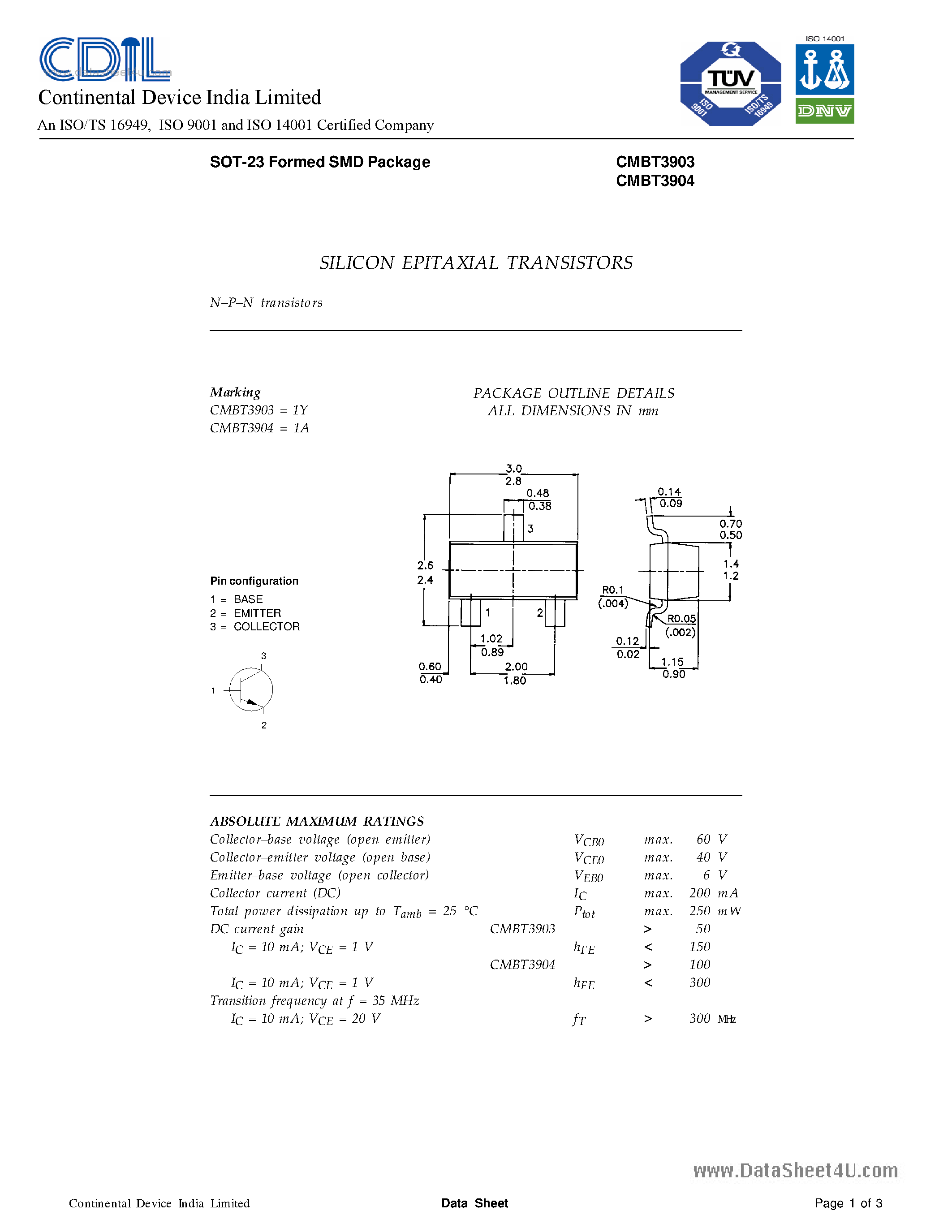 Даташит CMBT3903 - (CMBT3903 / CMBT3904) SILICON PLANAR EPITAXIAL TRANSISTORS страница 1