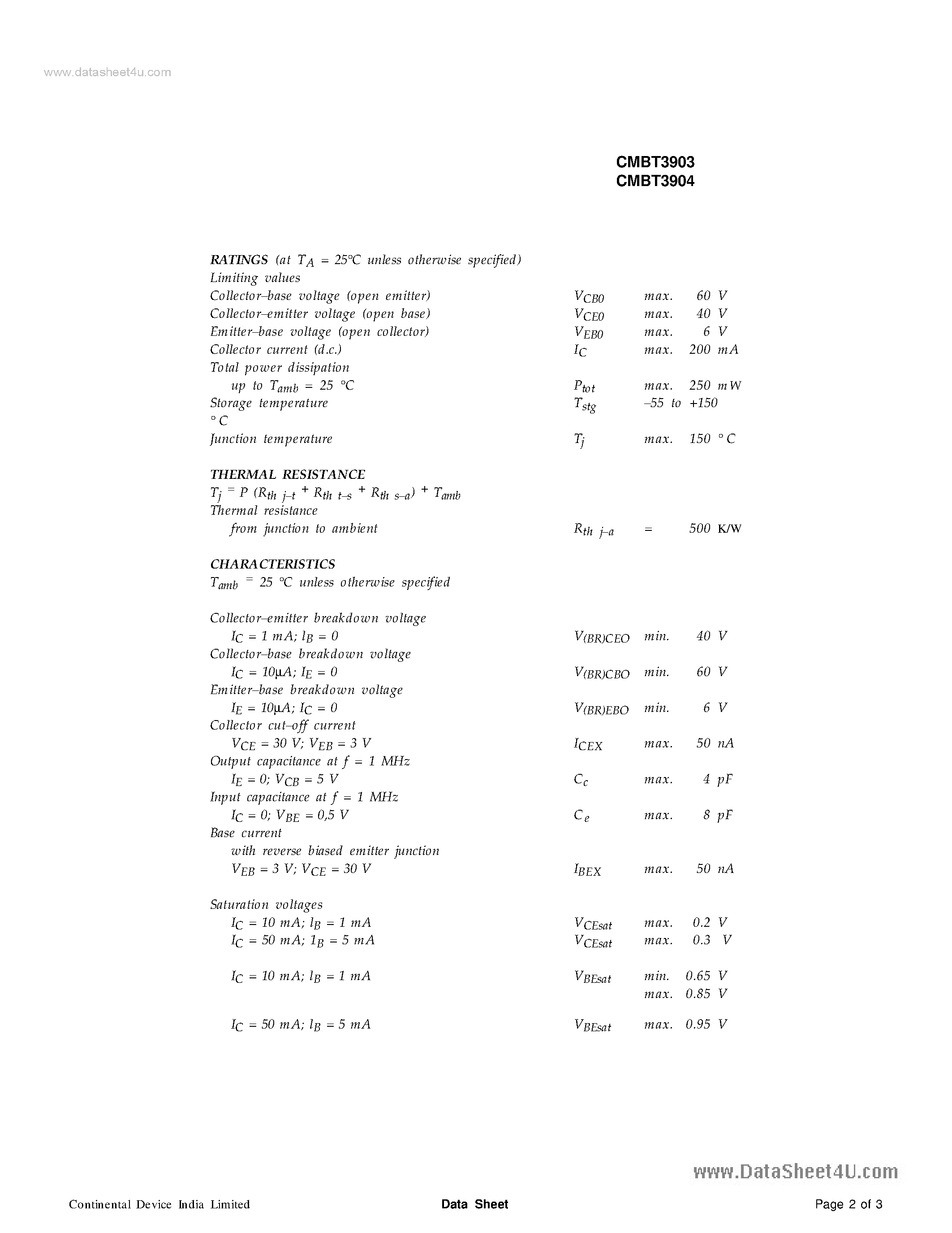 Даташит CMBT3903 - (CMBT3903 / CMBT3904) SILICON PLANAR EPITAXIAL TRANSISTORS страница 2