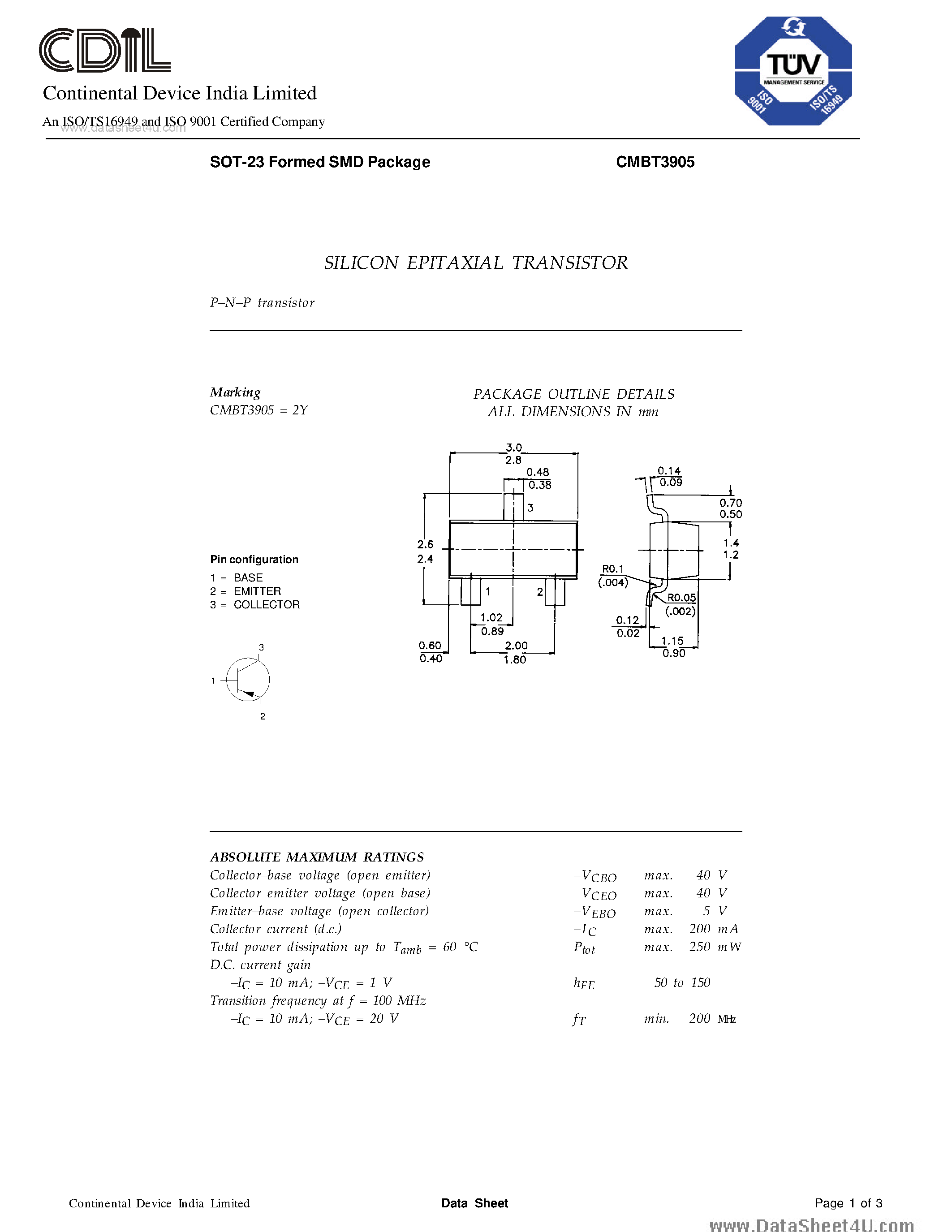 Даташит CMBT3905 - SILICON PLANAR EPITAXIAL TRANSISTORS страница 1