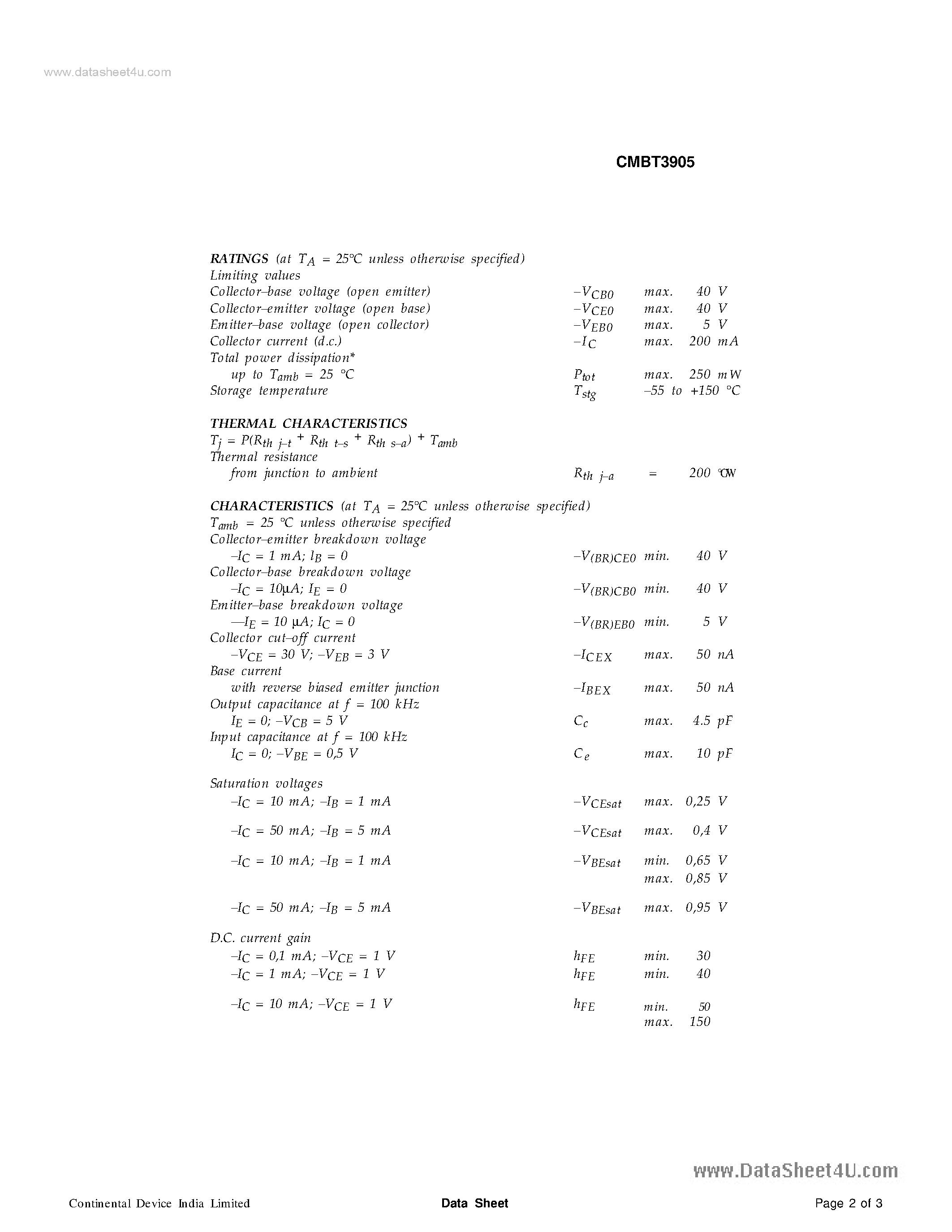 Даташит CMBT3905 - SILICON PLANAR EPITAXIAL TRANSISTORS страница 2