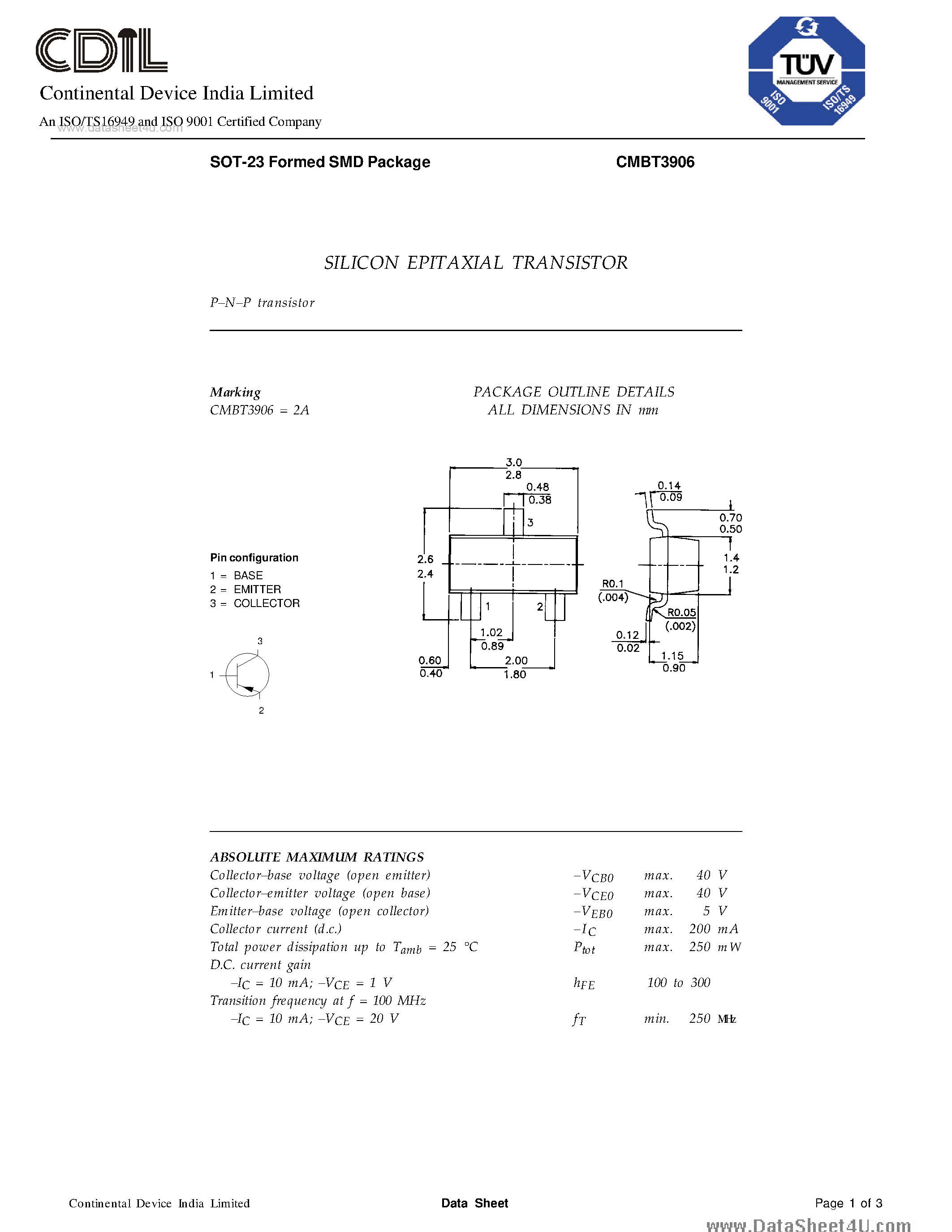Даташит CMBT3906 - SILICON PLANAR EPITAXIAL TRANSISTORS страница 1