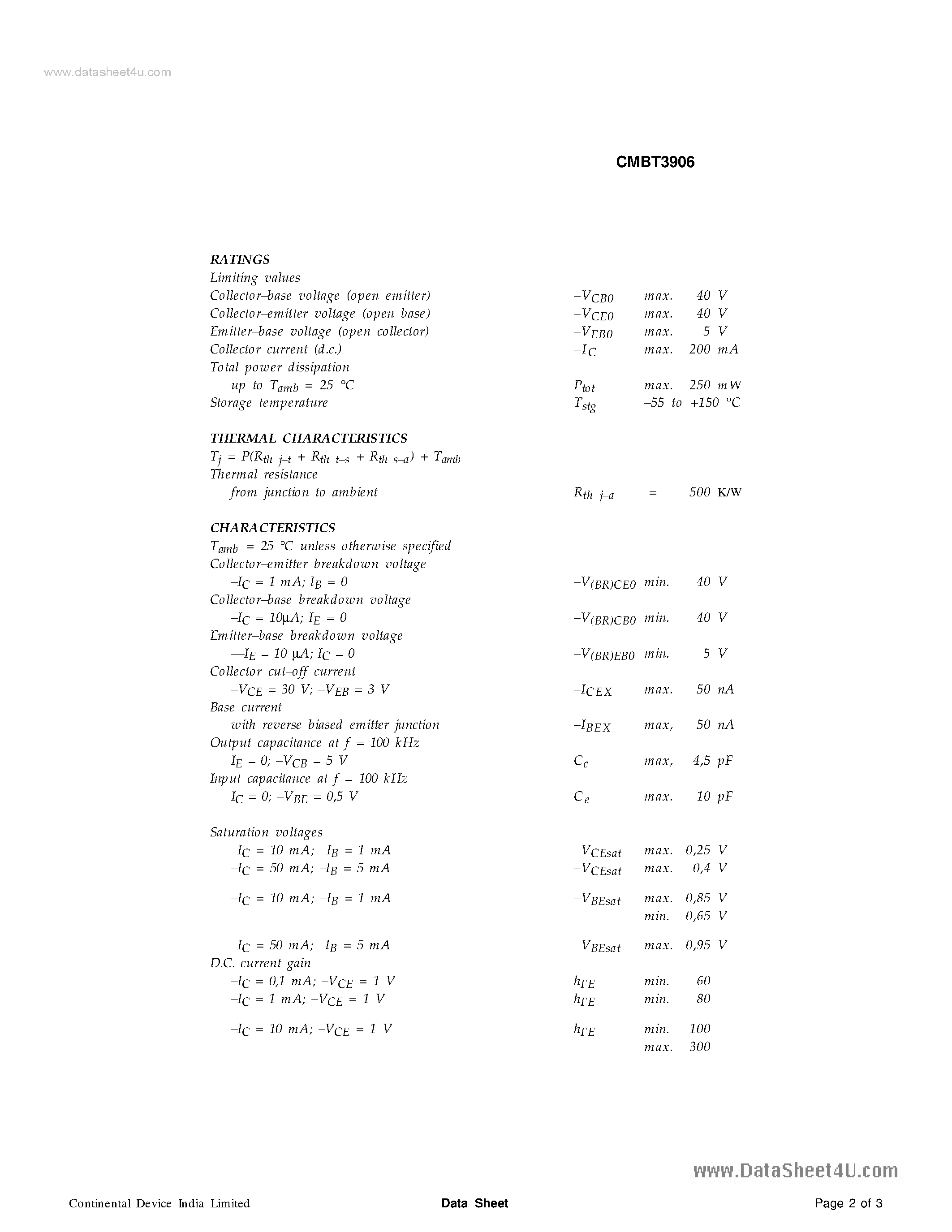 Даташит CMBT3906 - SILICON PLANAR EPITAXIAL TRANSISTORS страница 2