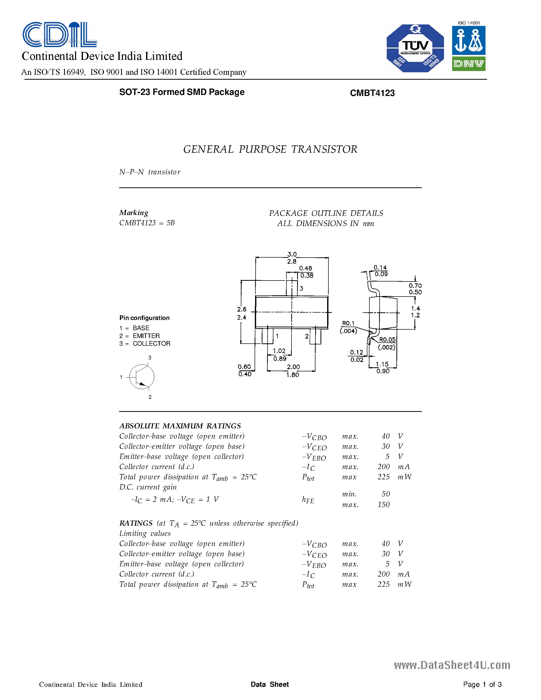 Даташит CMBT4123 - SILICON PLANAR EPITAXIAL TRANSISTORS страница 1