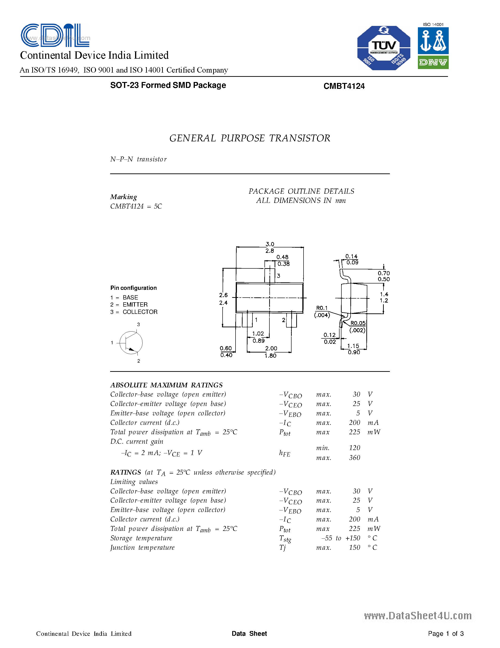 Даташит CMBT4124 - SILICON PLANAR EPITAXIAL TRANSISTORS страница 1