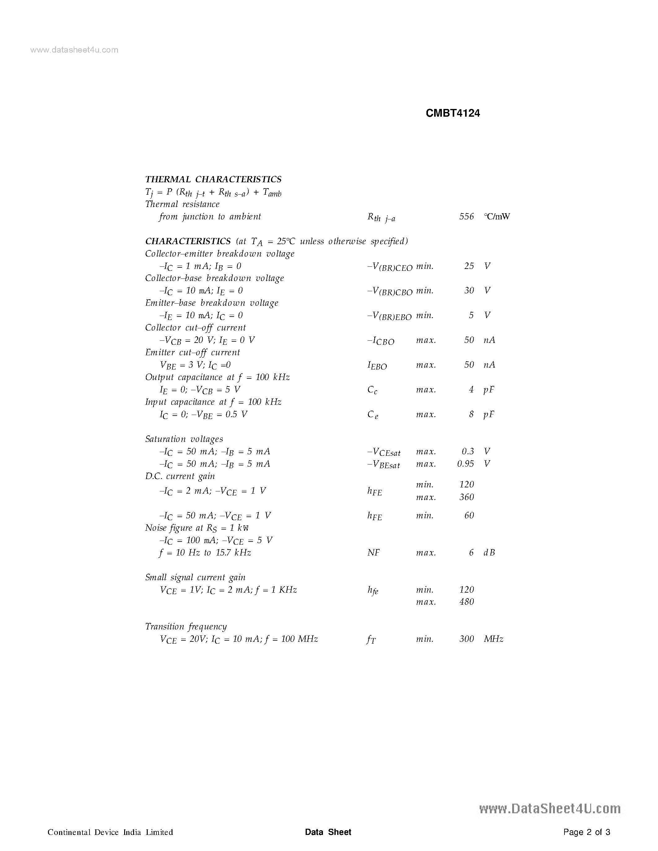 Даташит CMBT4124 - SILICON PLANAR EPITAXIAL TRANSISTORS страница 2