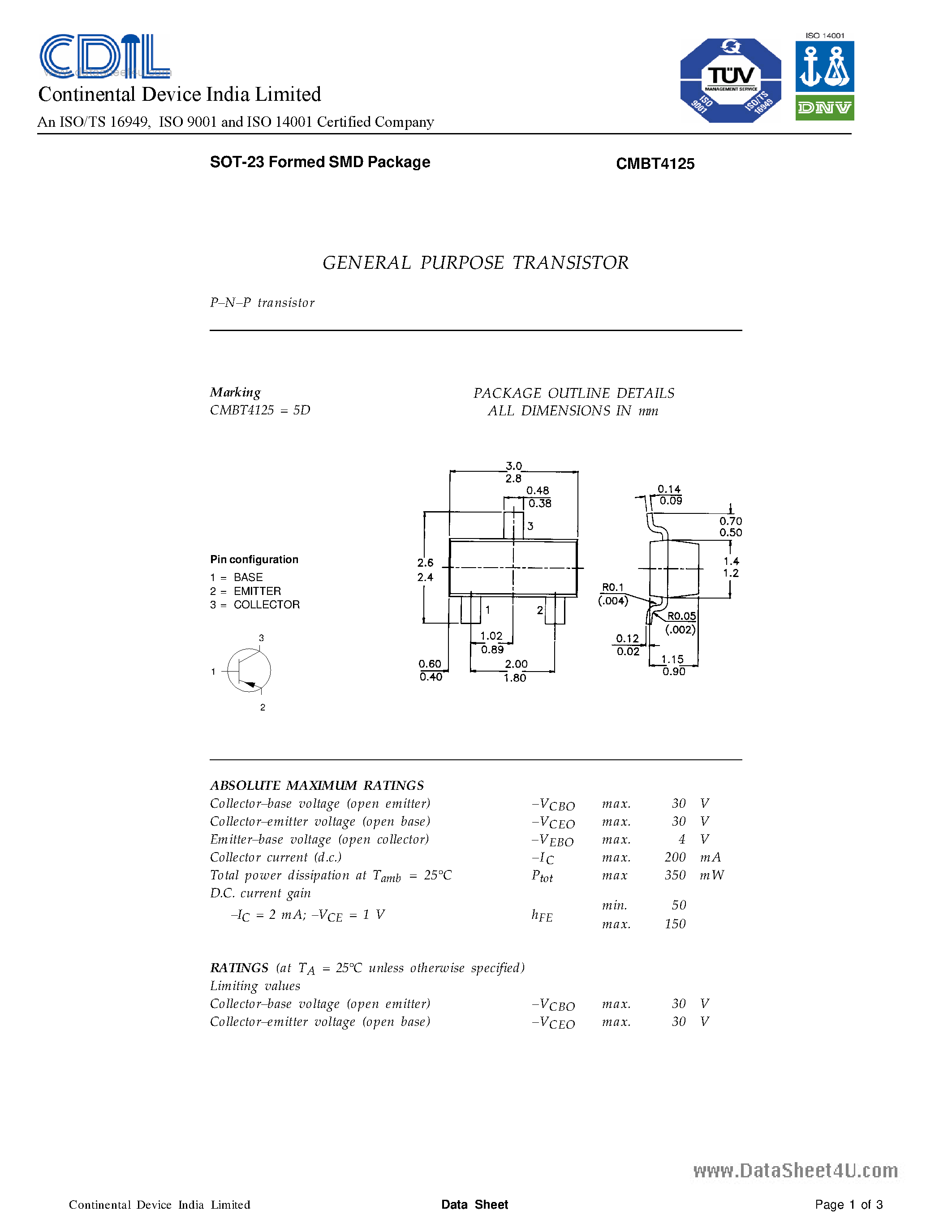 Даташит CMBT4125 - SILICON PLANAR EPITAXIAL TRANSISTORS страница 1
