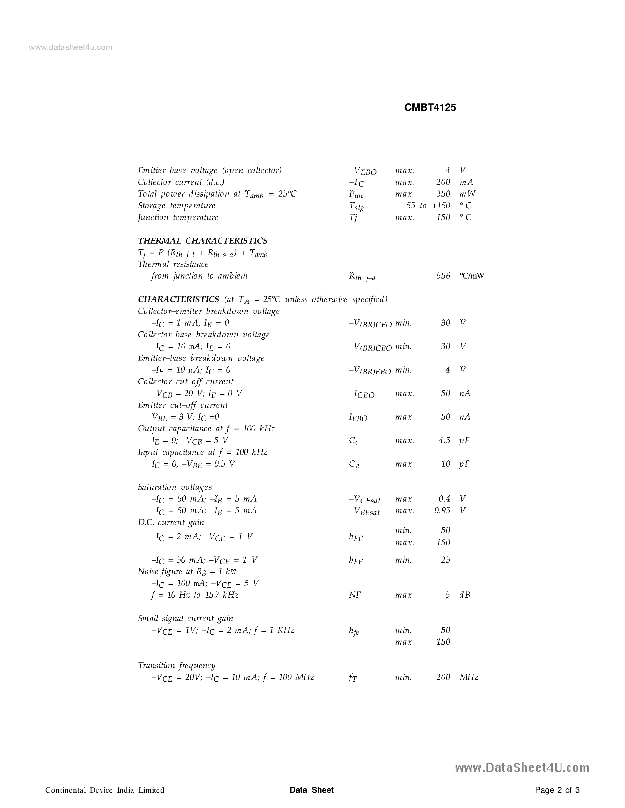 Даташит CMBT4125 - SILICON PLANAR EPITAXIAL TRANSISTORS страница 2