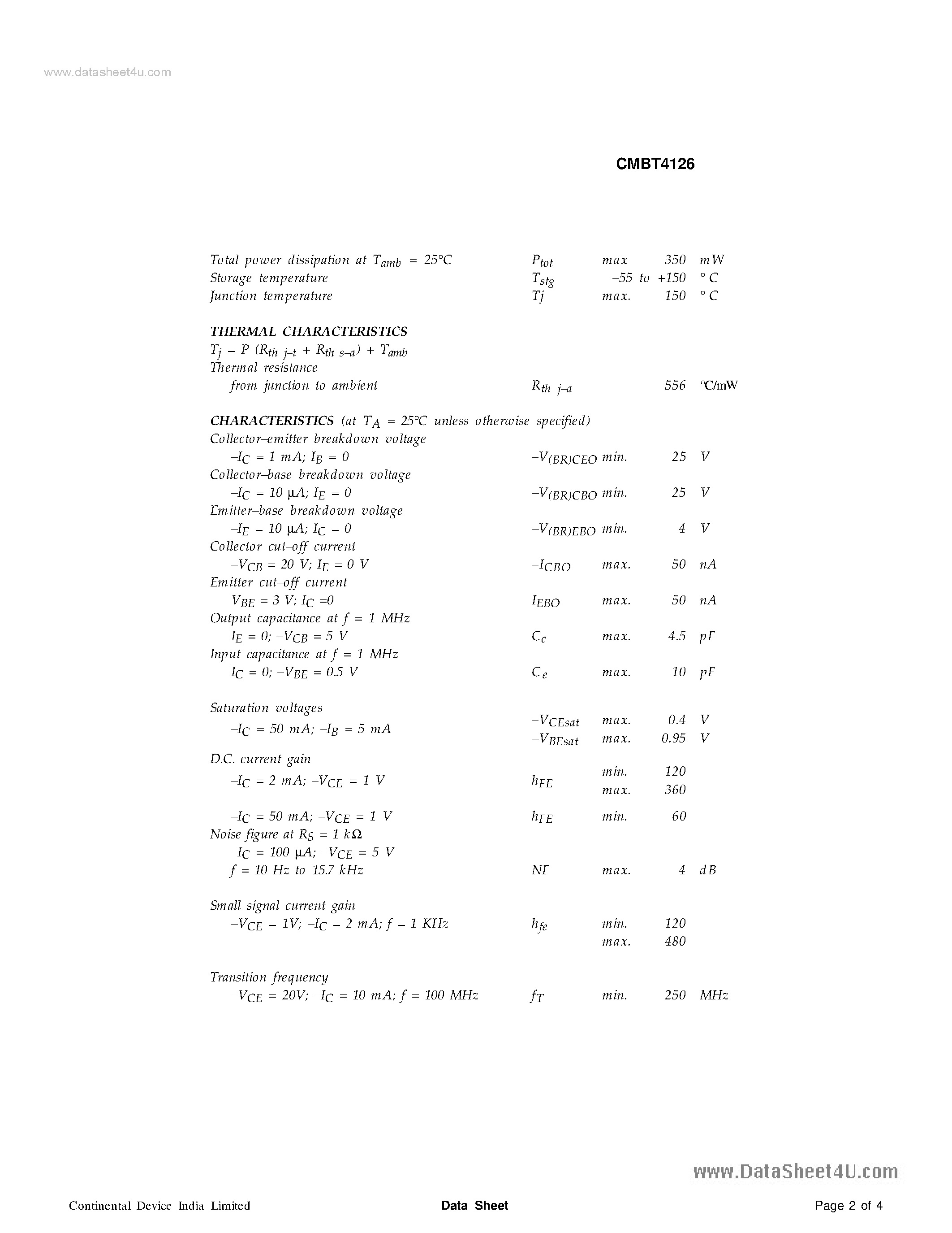Даташит CMBT4126 - SILICON PLANAR EPITAXIAL TRANSISTORS страница 2