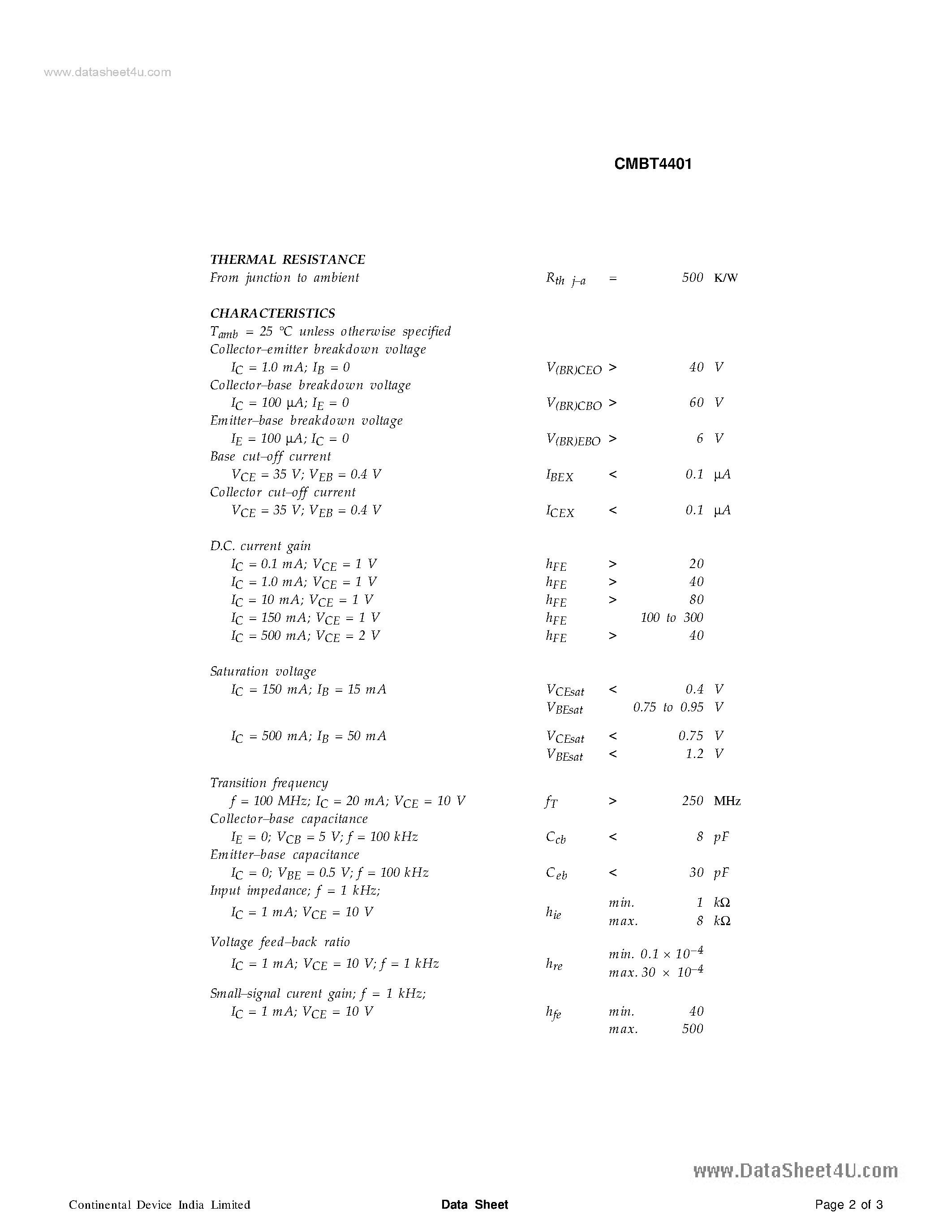 Даташит CMBT4401 - SILICON PLANAR EPITAXIAL TRANSISTORS страница 2