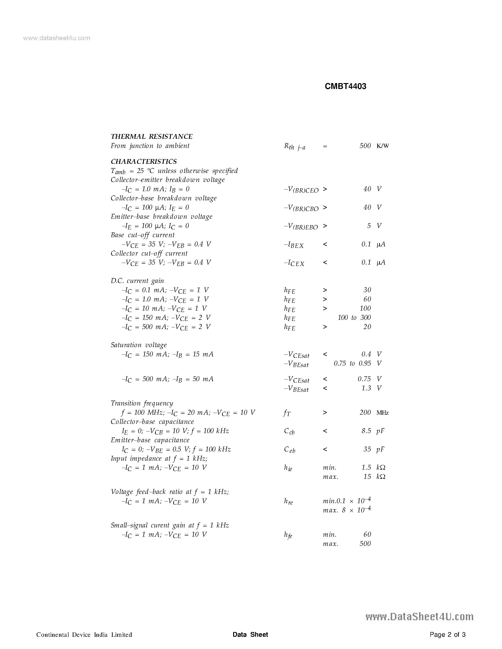 Даташит CMBT4403 - SILICON PLANAR EPITAXIAL TRANSISTORS страница 2