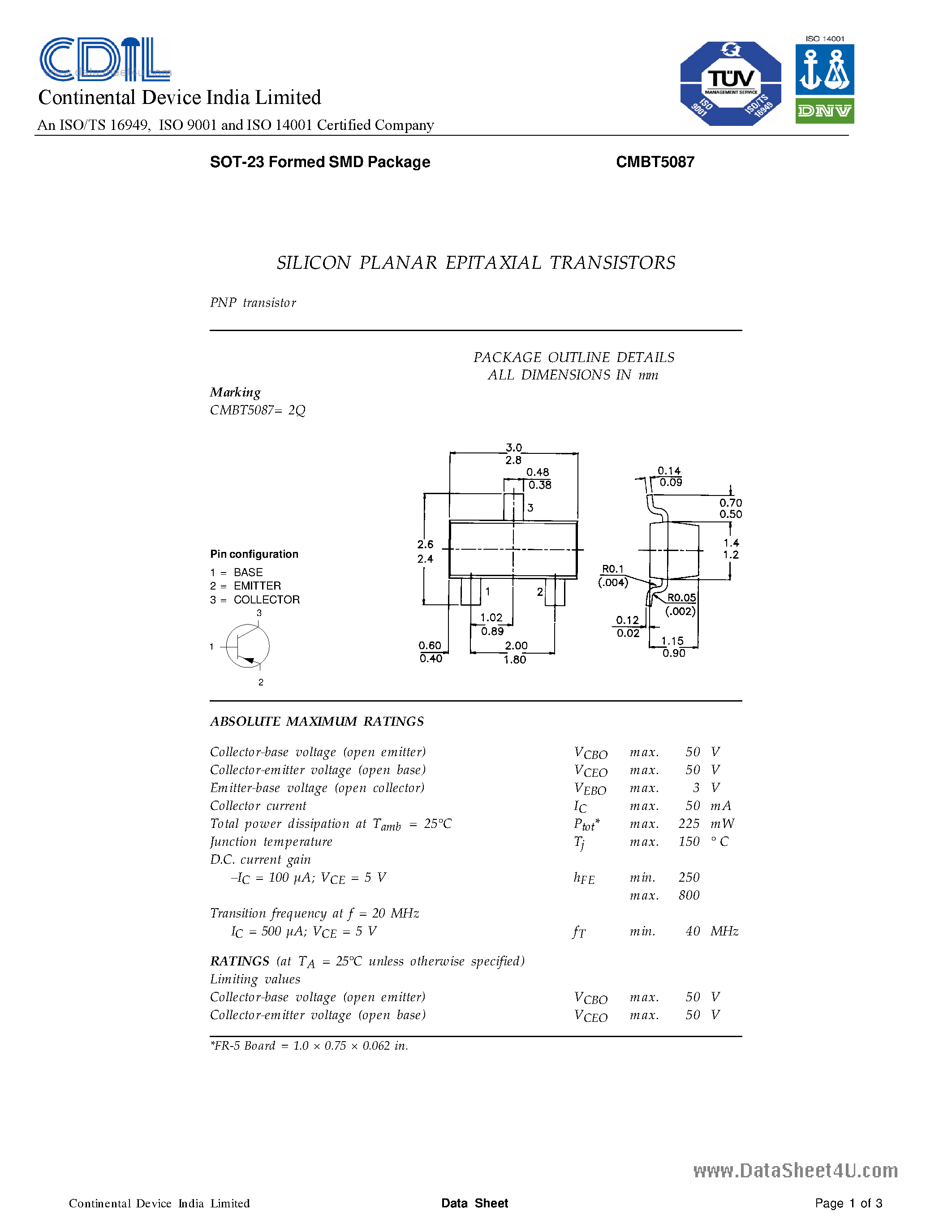 Даташит CMBT5087 - SILICON PLANAR EPITAXIAL TRANSISTORS страница 1