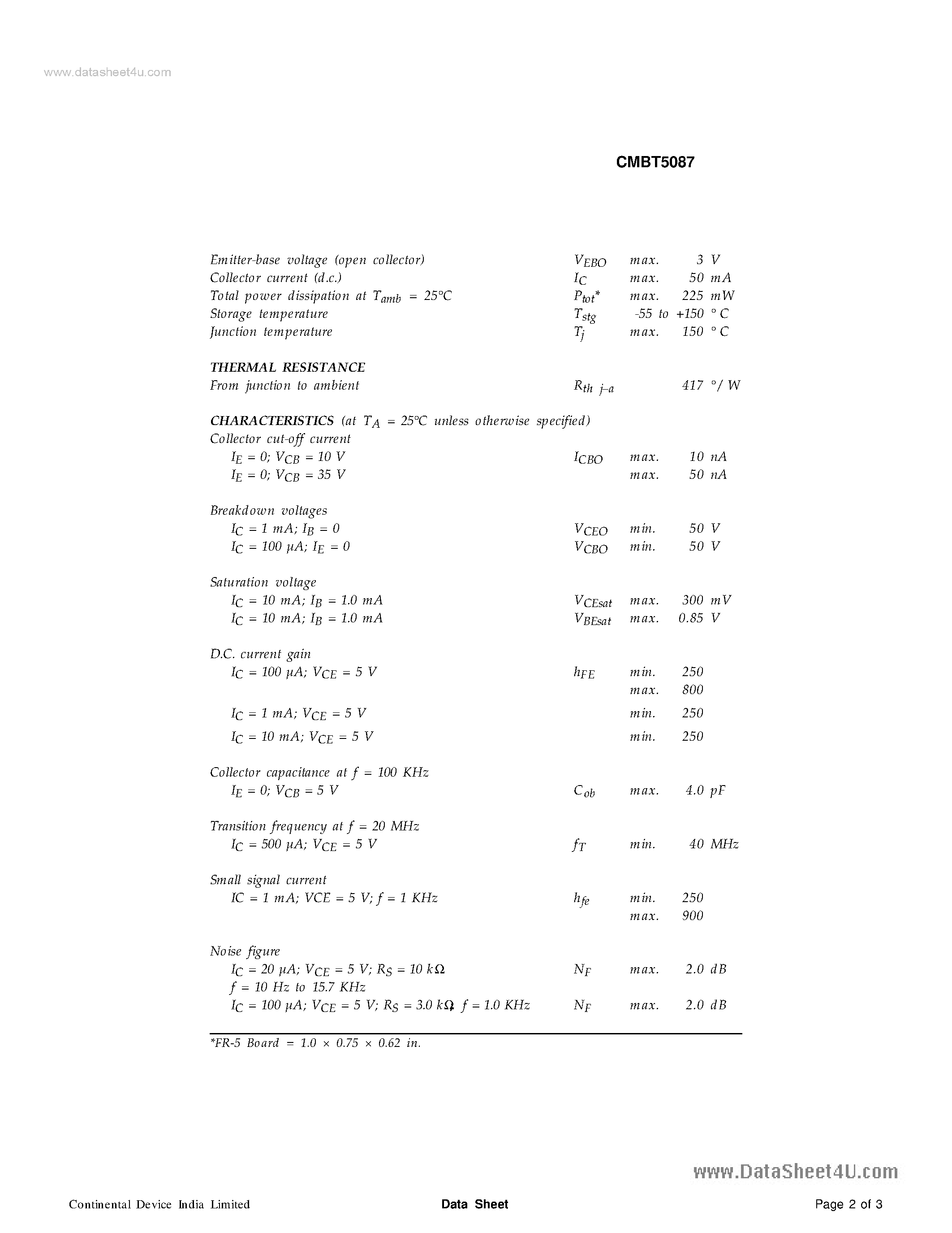Даташит CMBT5087 - SILICON PLANAR EPITAXIAL TRANSISTORS страница 2