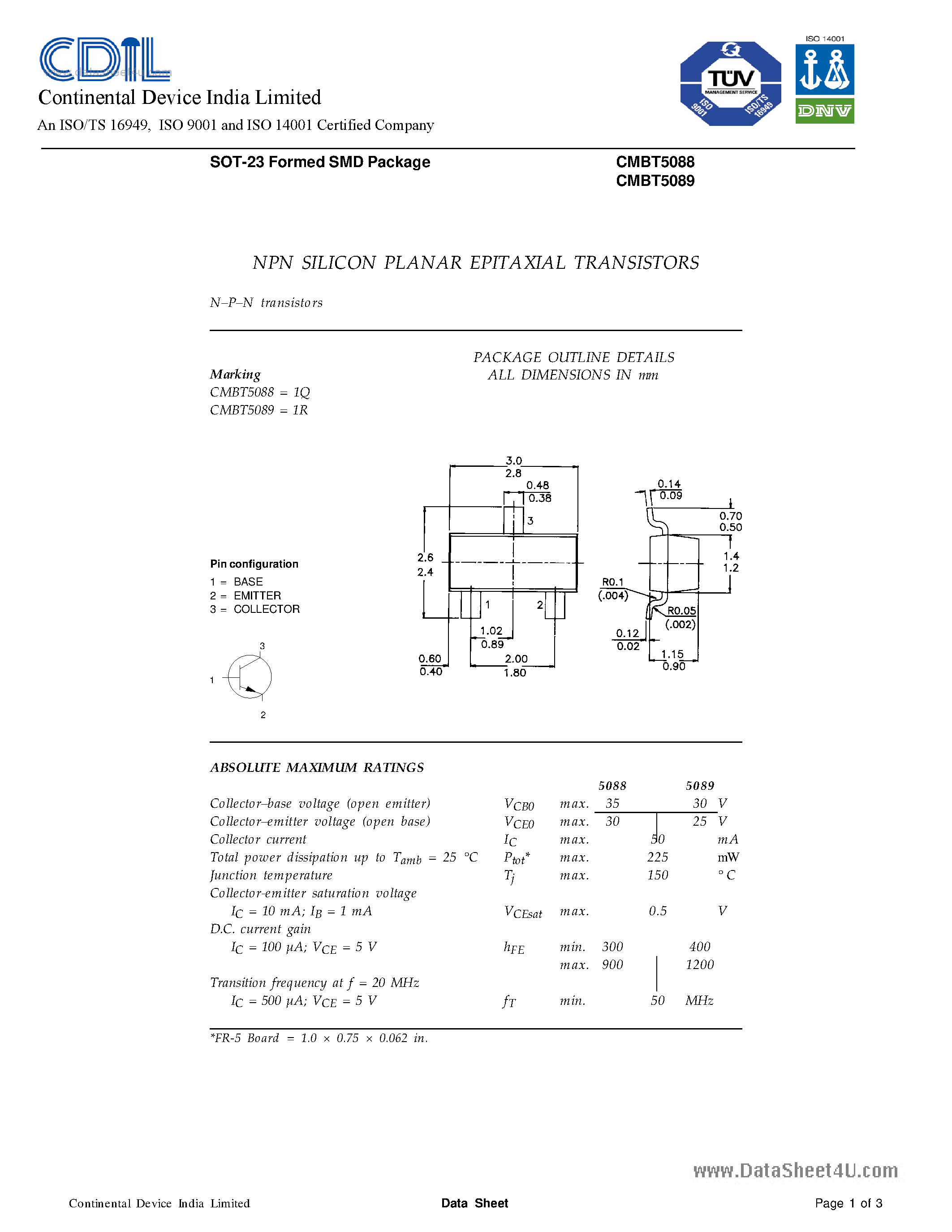 Даташит CMBT5088 - (CMBT5088 / CMBT5089) SILICON PLANAR EPITAXIAL TRANSISTORS страница 1