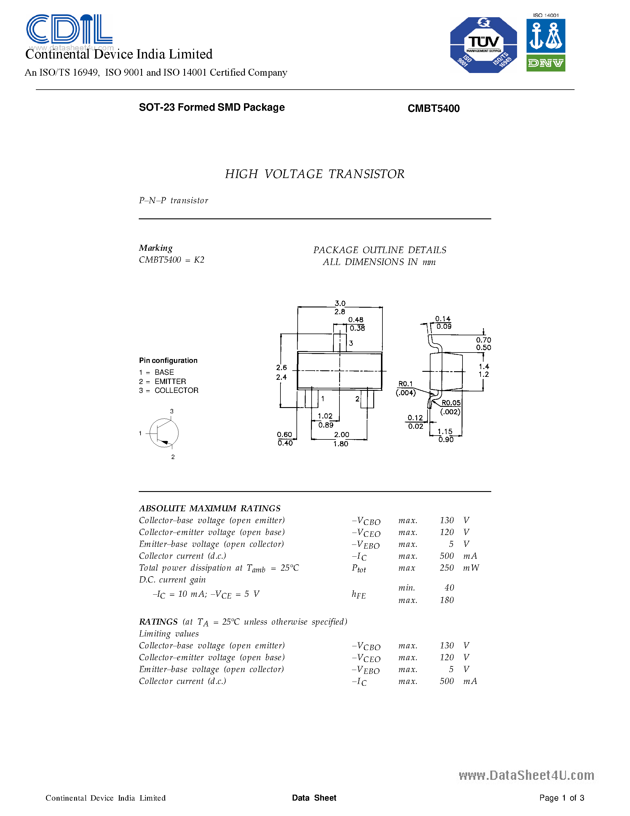 Даташит CMBT5400 - SILICON PLANAR EPITAXIAL TRANSISTORS страница 1