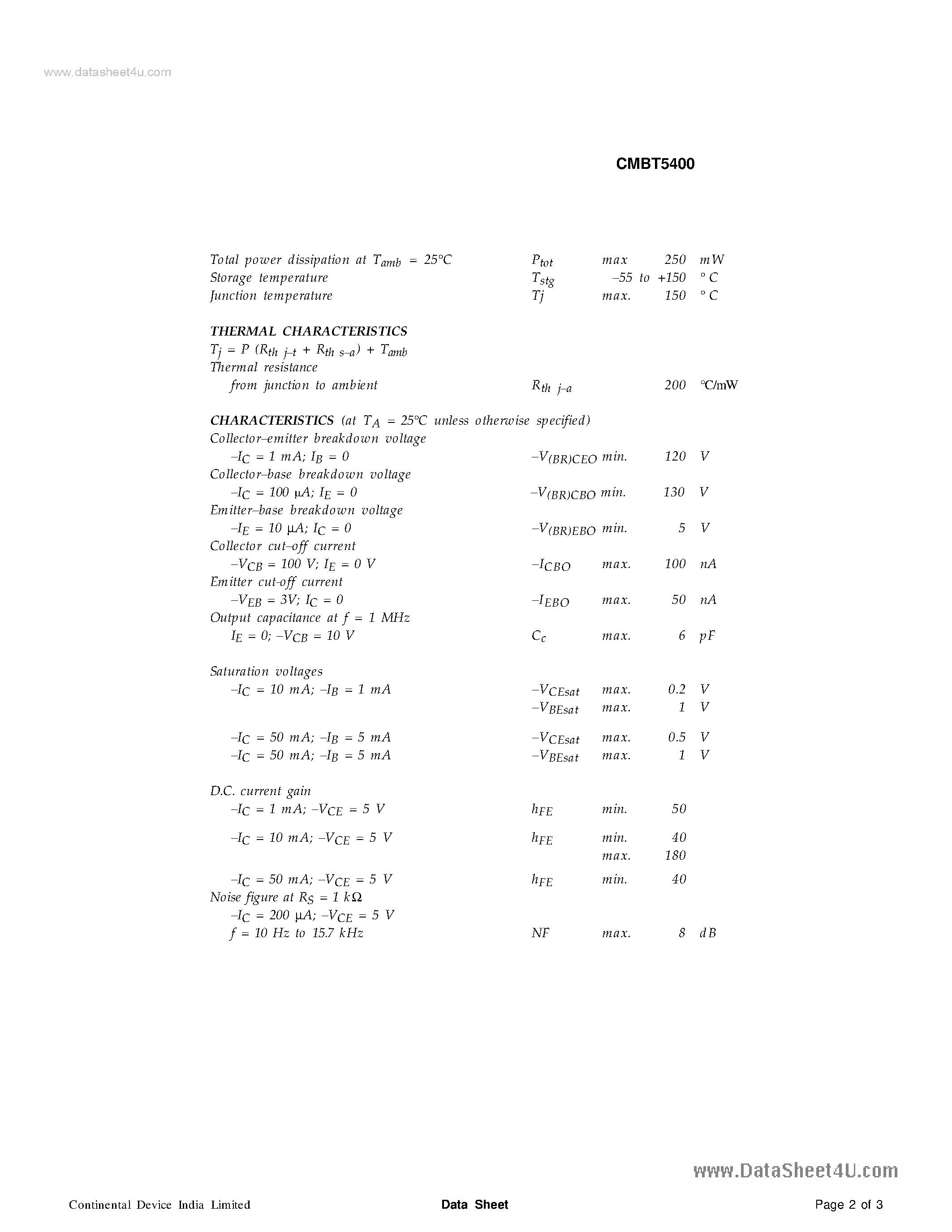 Даташит CMBT5400 - SILICON PLANAR EPITAXIAL TRANSISTORS страница 2
