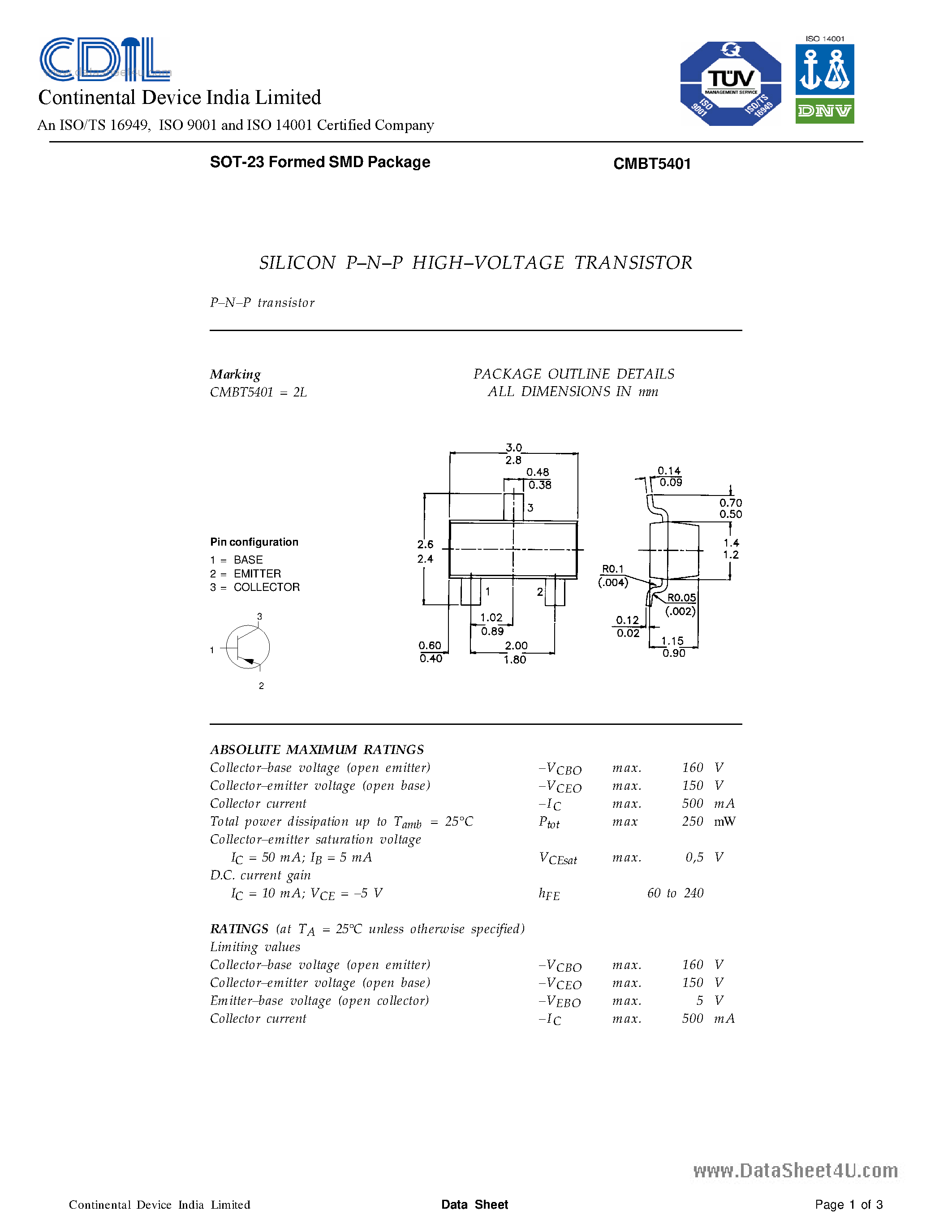 Даташит CMBT5401 - SILICON PLANAR EPITAXIAL TRANSISTORS страница 1