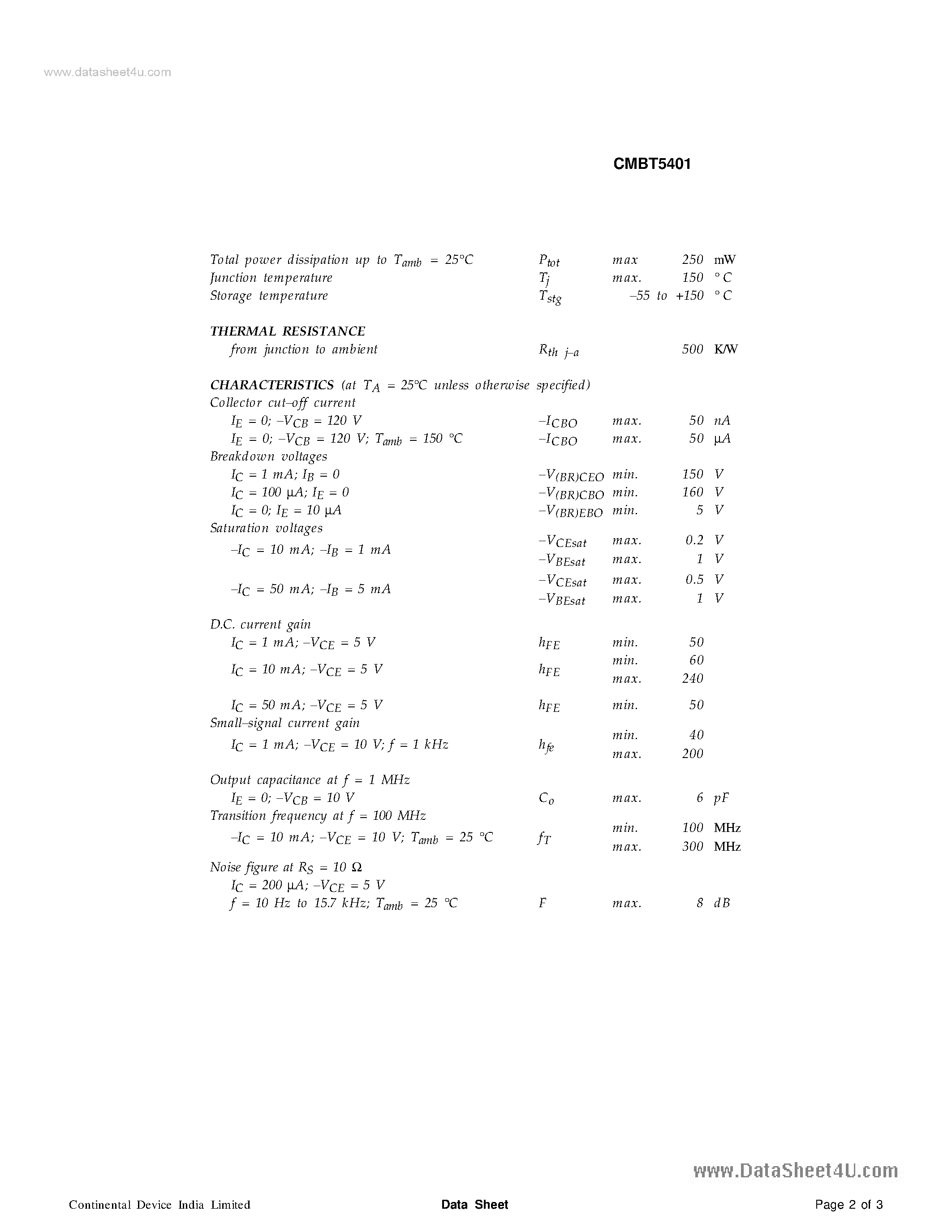 Даташит CMBT5401 - SILICON PLANAR EPITAXIAL TRANSISTORS страница 2