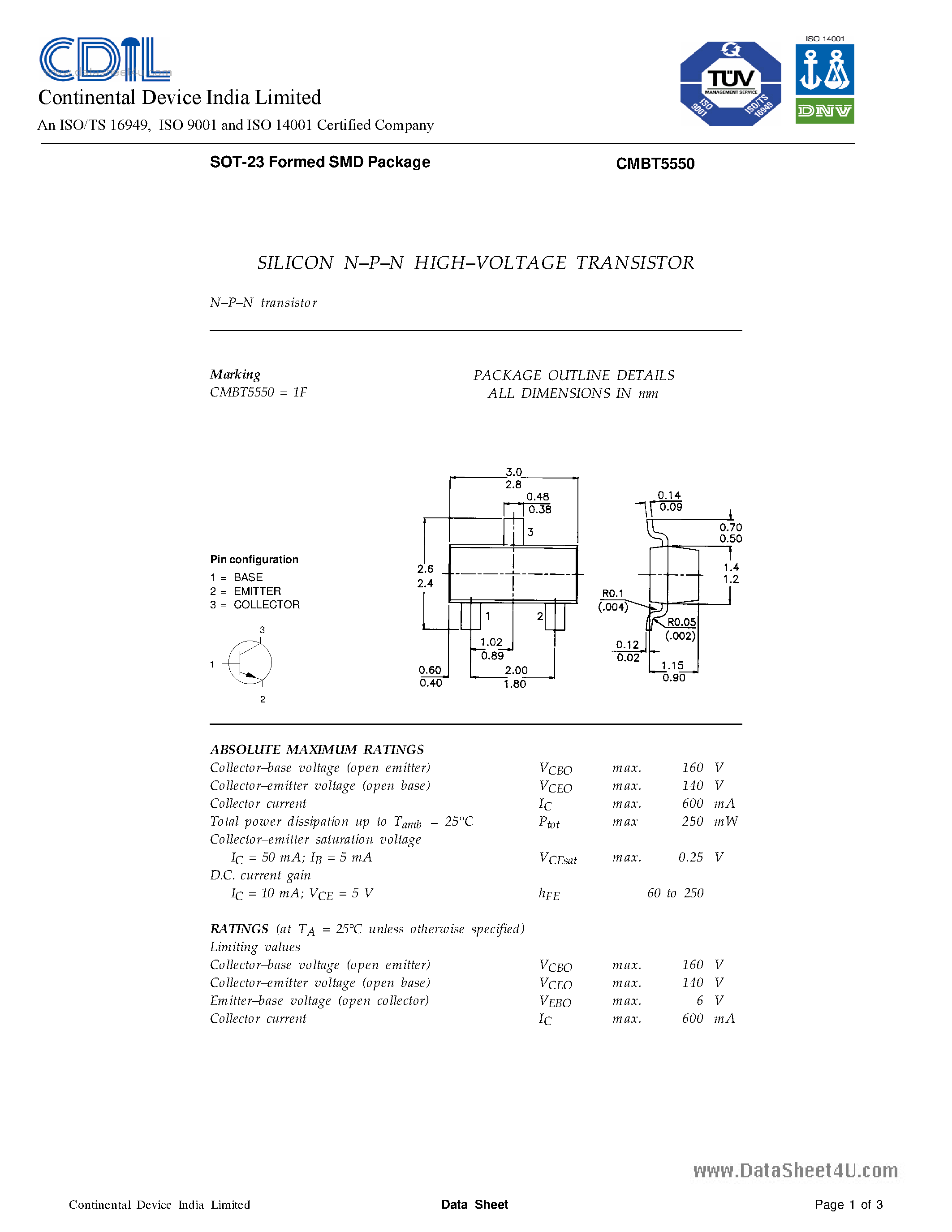Даташит CMBT5550 - SILICON PLANAR EPITAXIAL TRANSISTORS страница 1