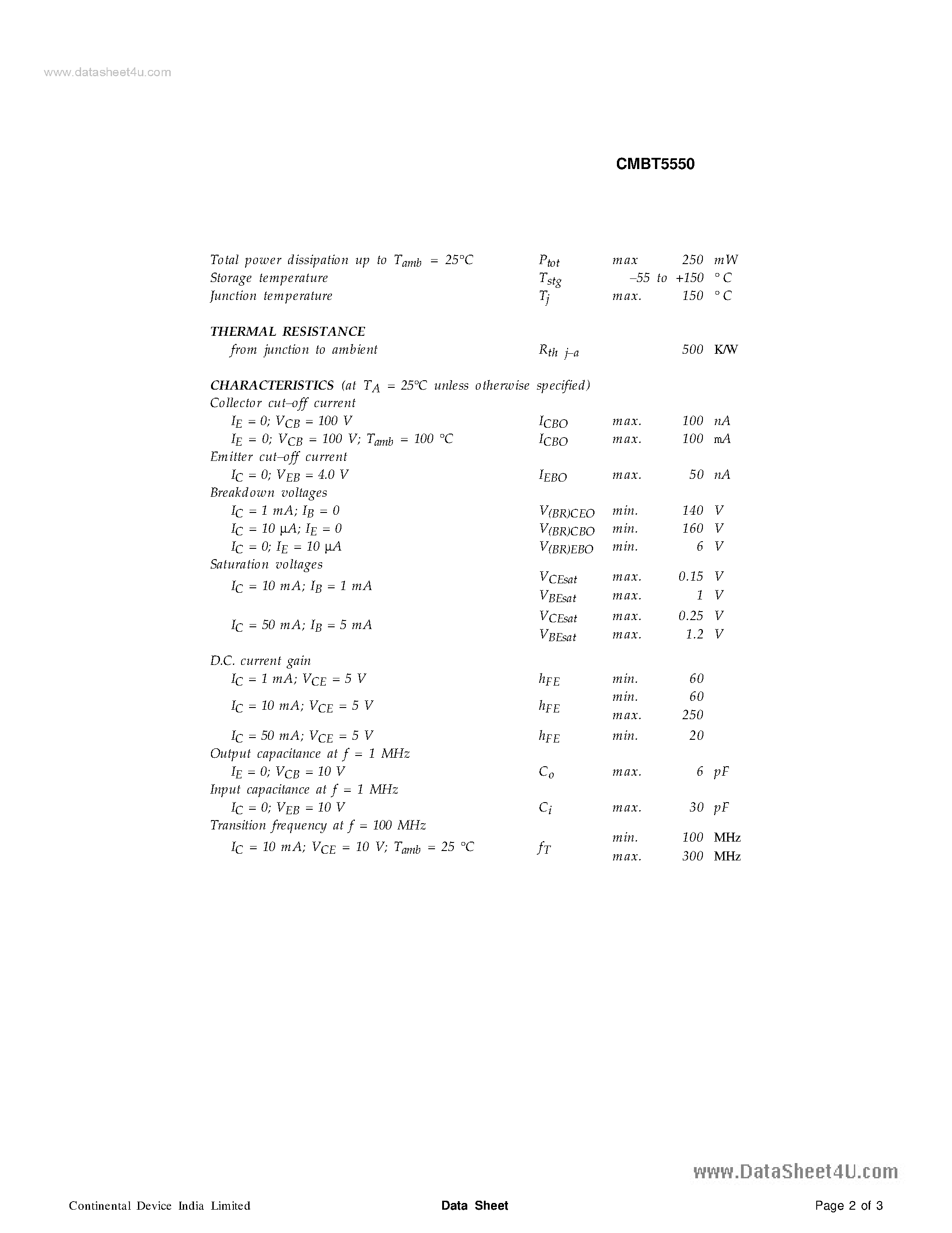 Даташит CMBT5550 - SILICON PLANAR EPITAXIAL TRANSISTORS страница 2
