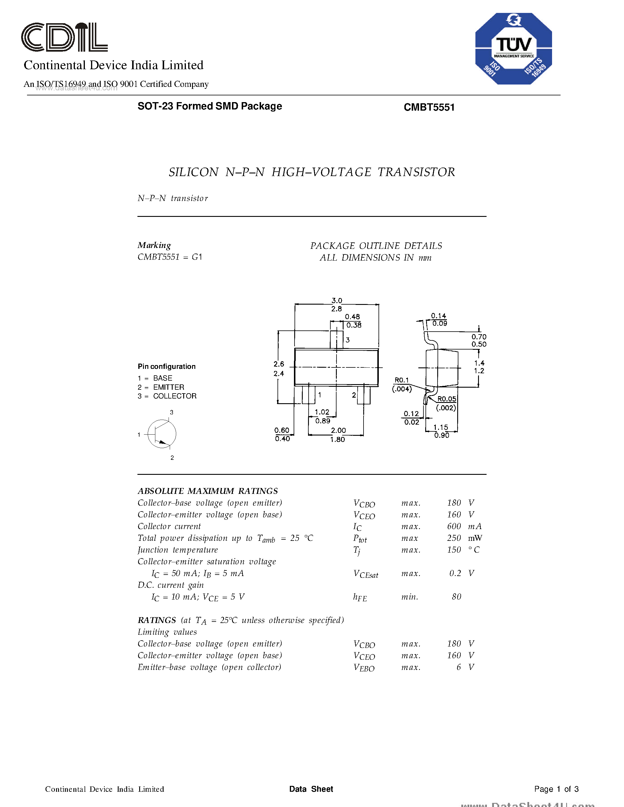 Даташит CMBT5551 - TRANSISTORS страница 1