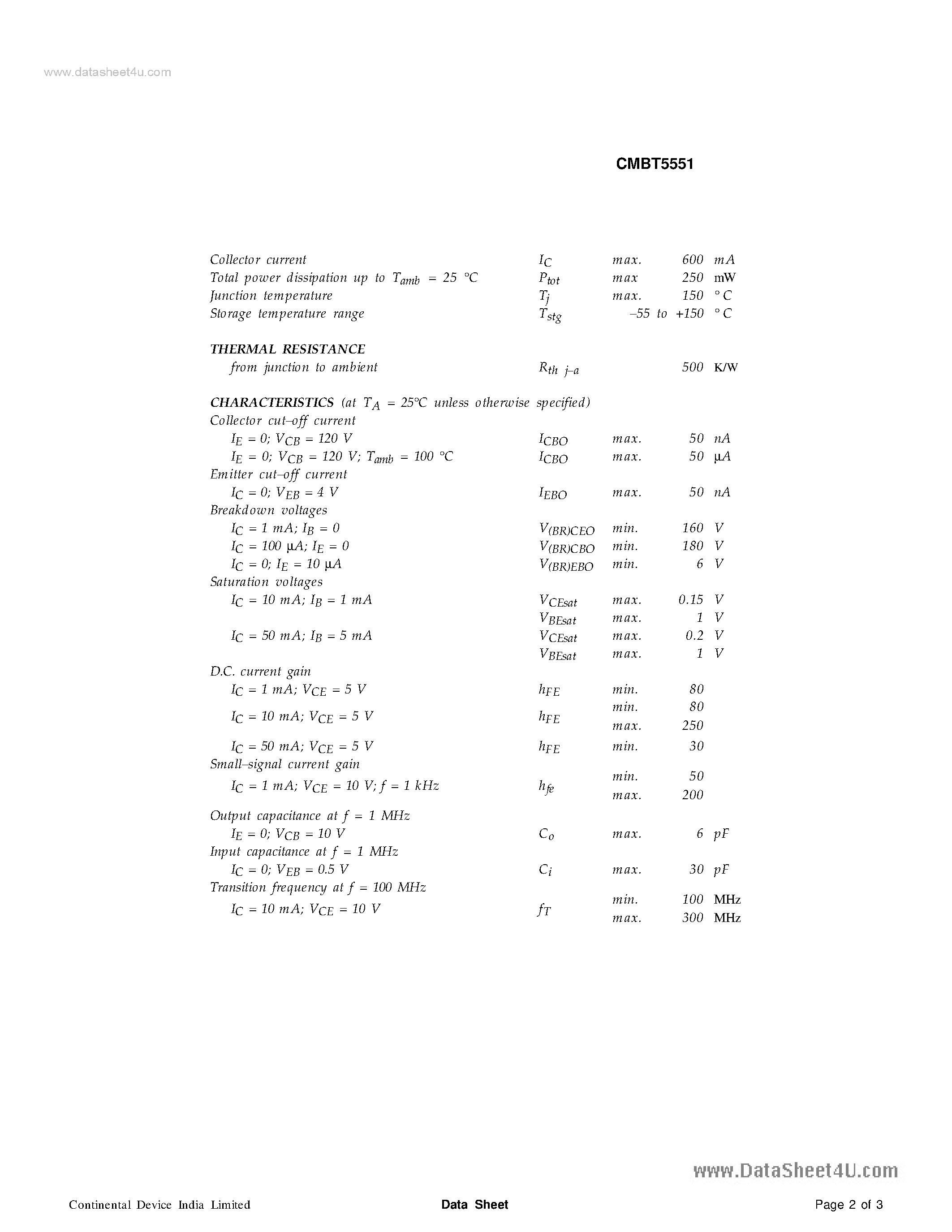 Даташит CMBT5551 - TRANSISTORS страница 2