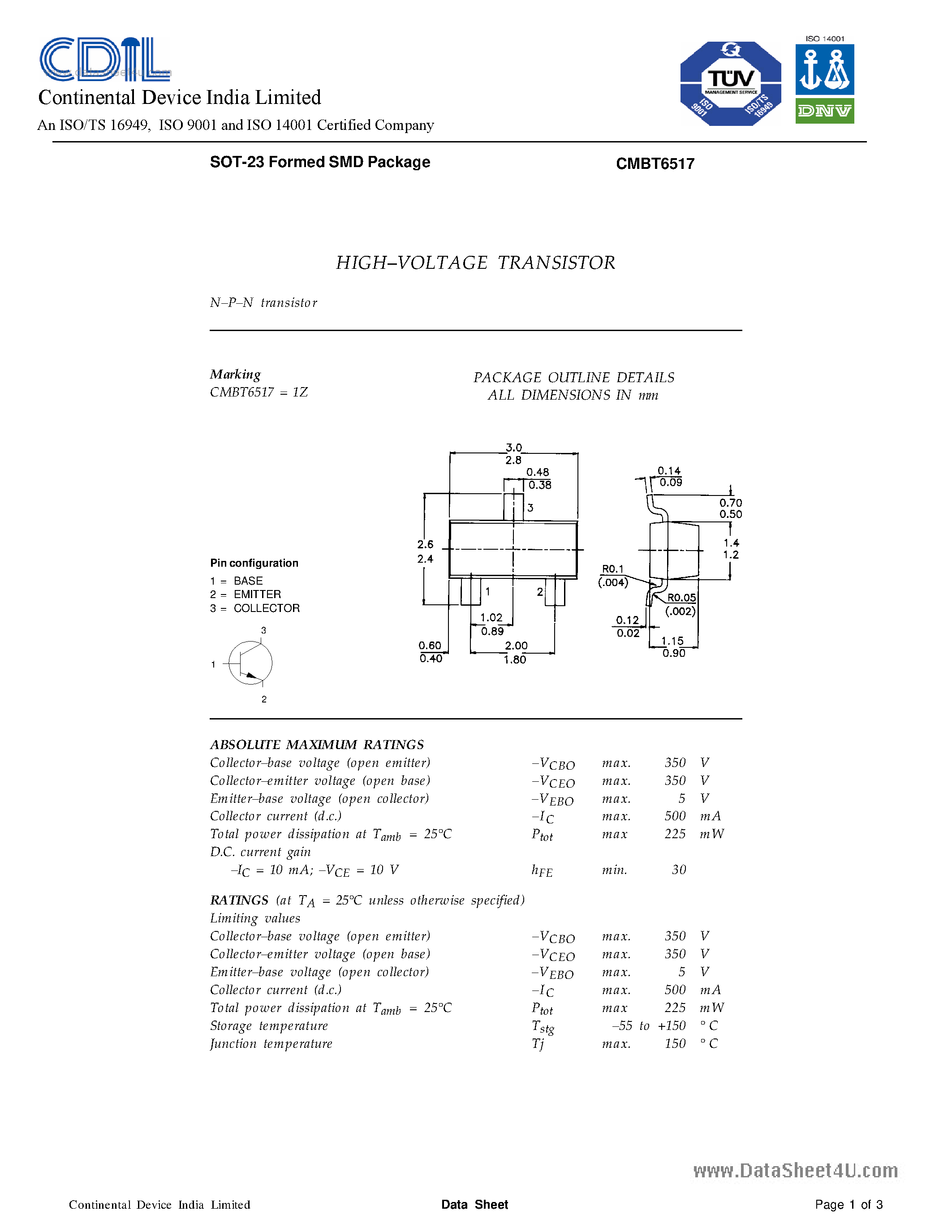Даташит CMBT6517 - TRANSISTORS страница 1