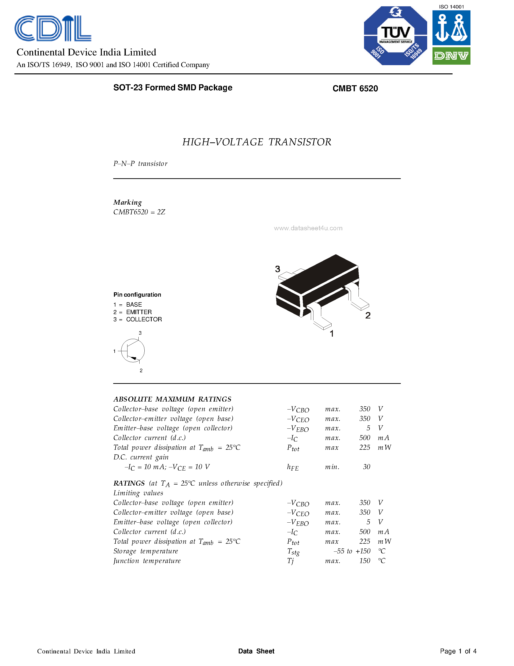 Даташит CMBT6520 - TRANSISTORS страница 1