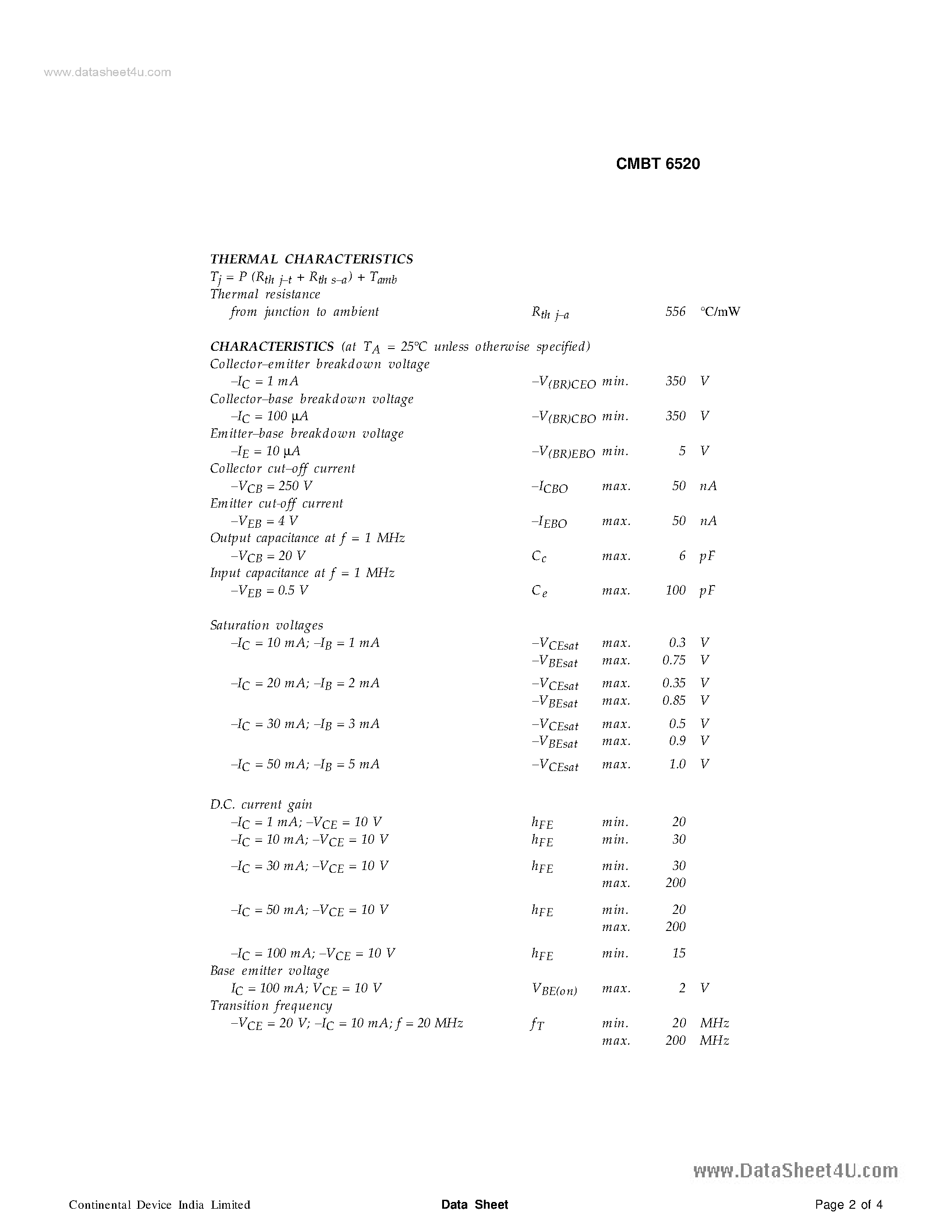 Даташит CMBT6520 - TRANSISTORS страница 2