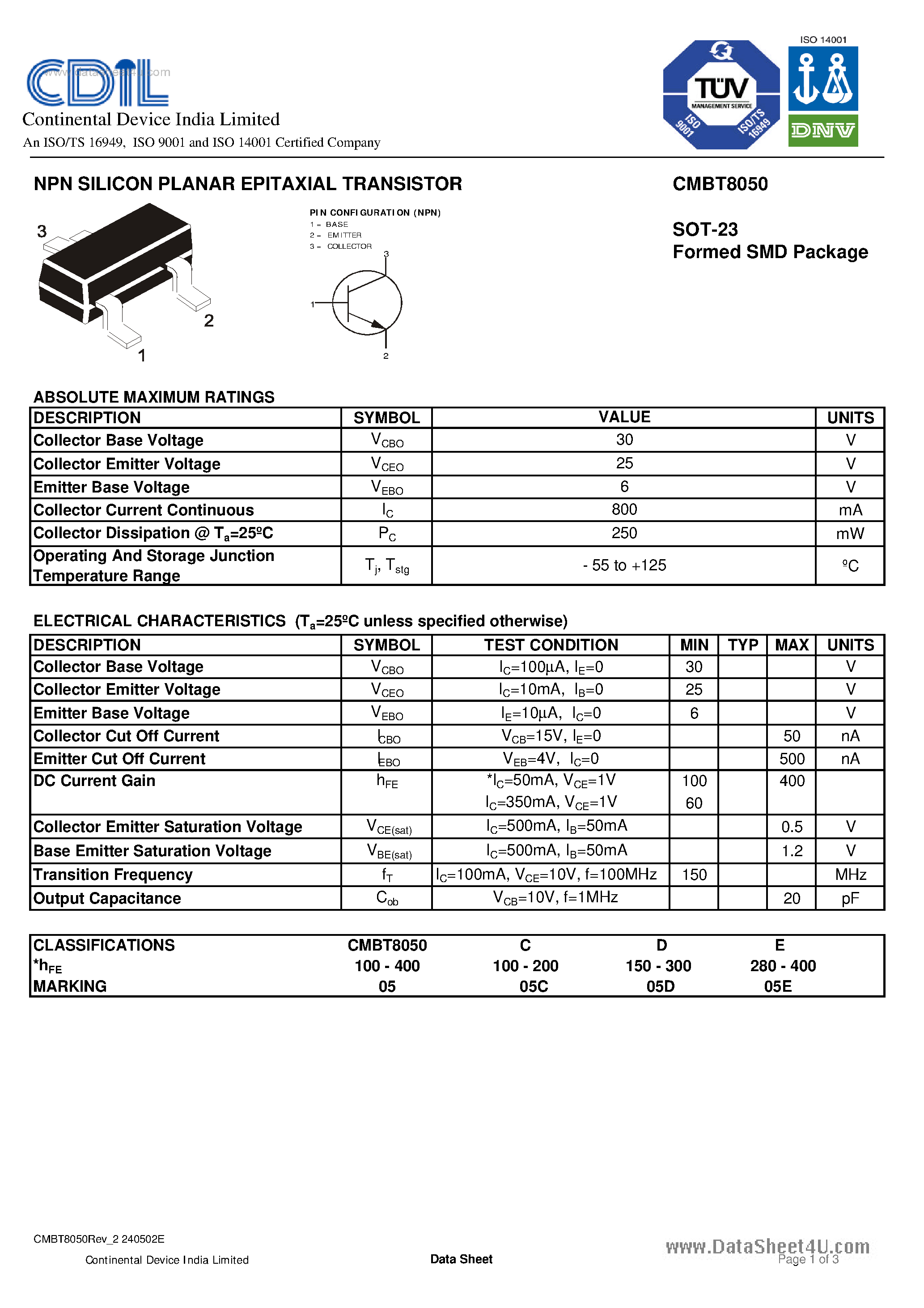 Даташит CMBT8050 - TRANSISTORS страница 1