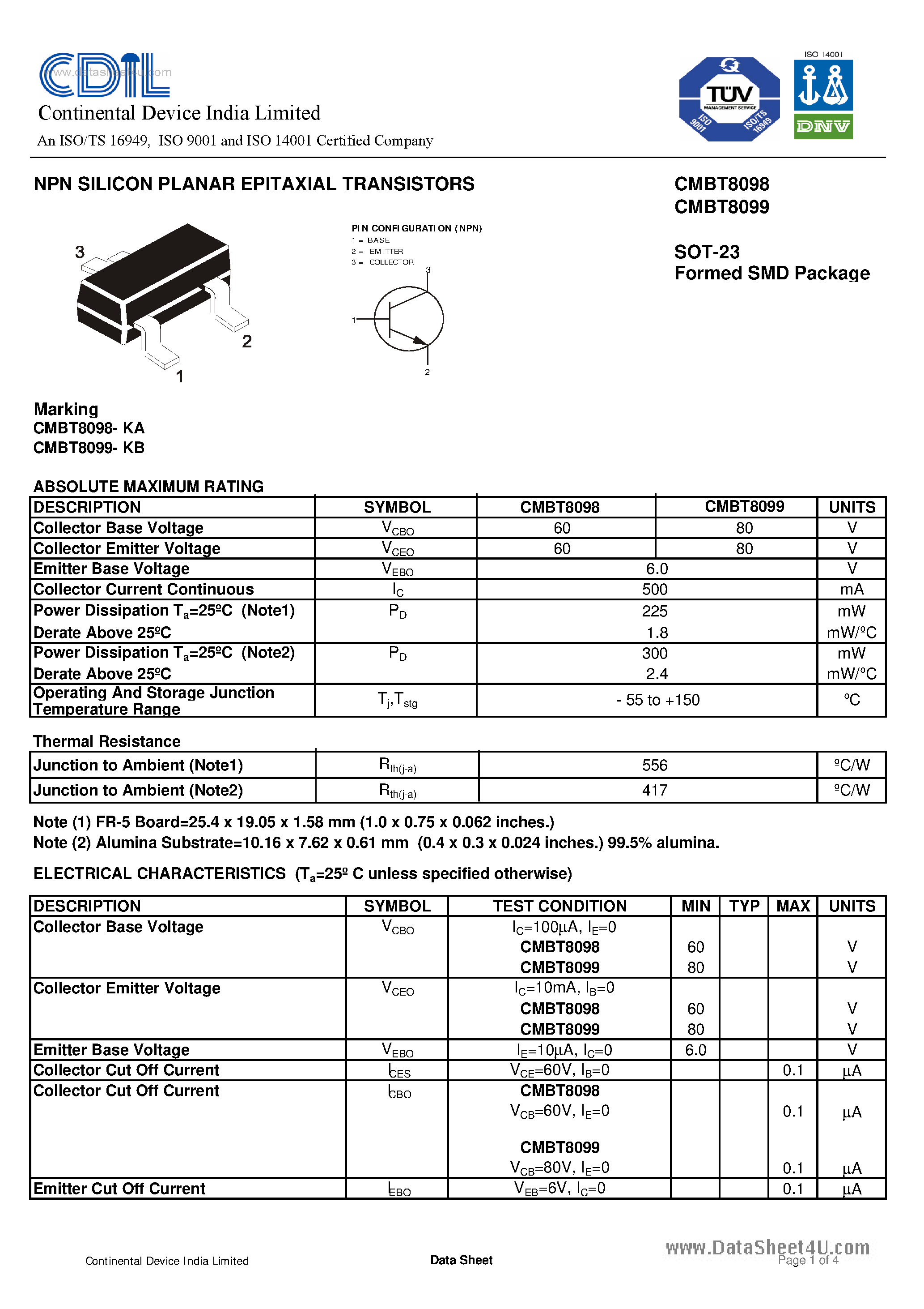 Даташит CMBT8098 - (CMBT8098 / CMBT8099) TRANSISTORS страница 1