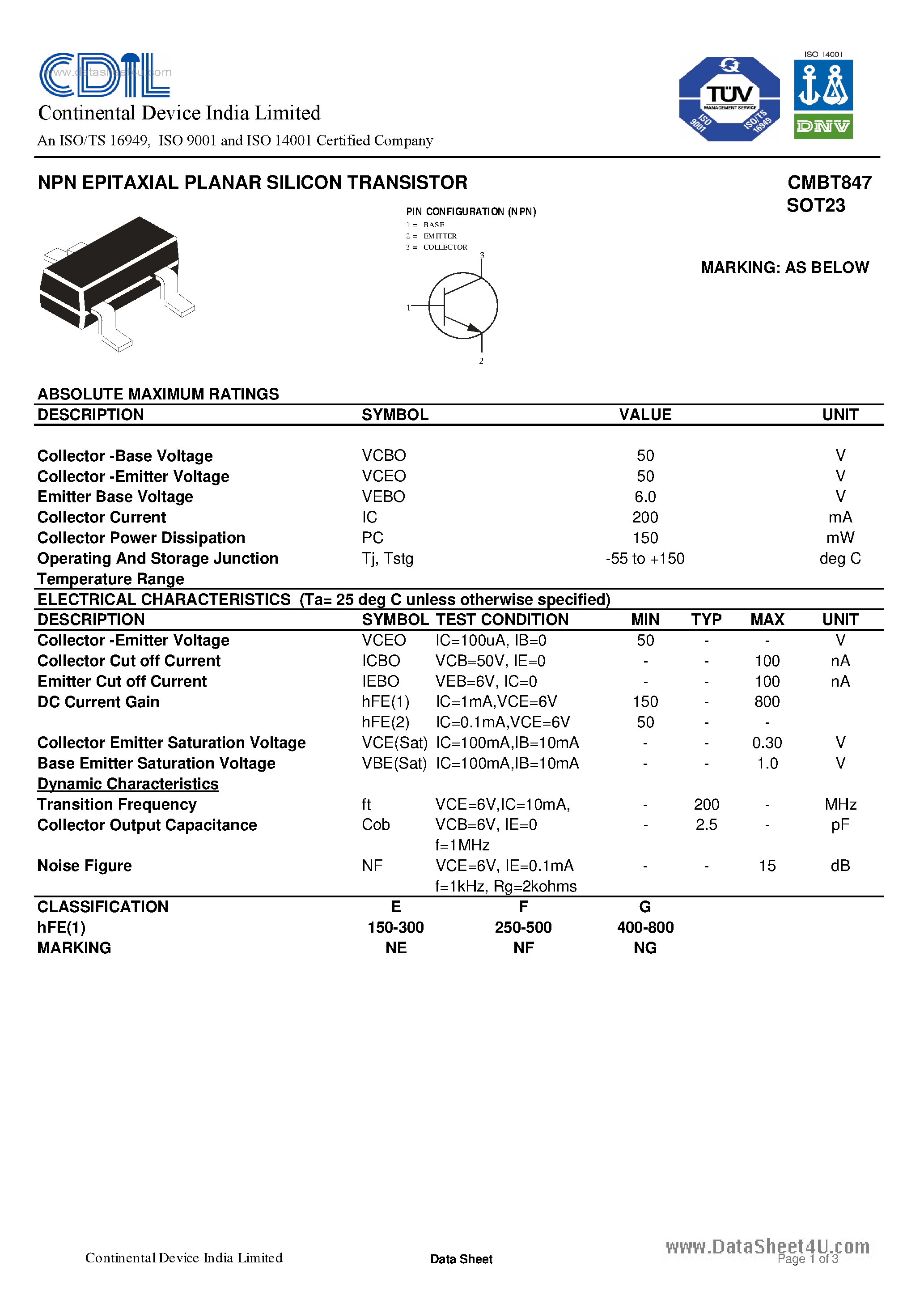 Даташит CMBT847 - TRANSISTORS страница 1