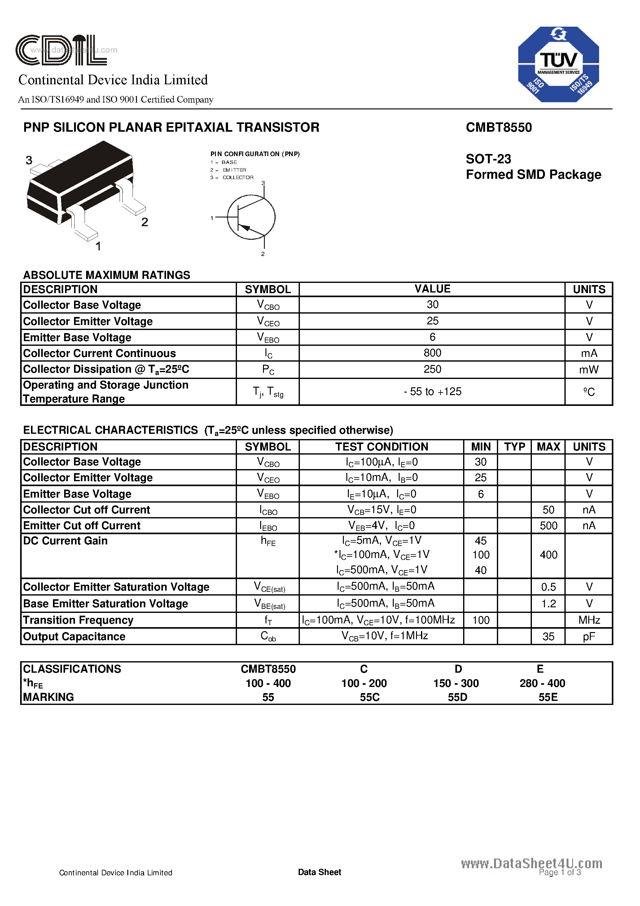Даташит CMBT8550 - TRANSISTORS страница 1