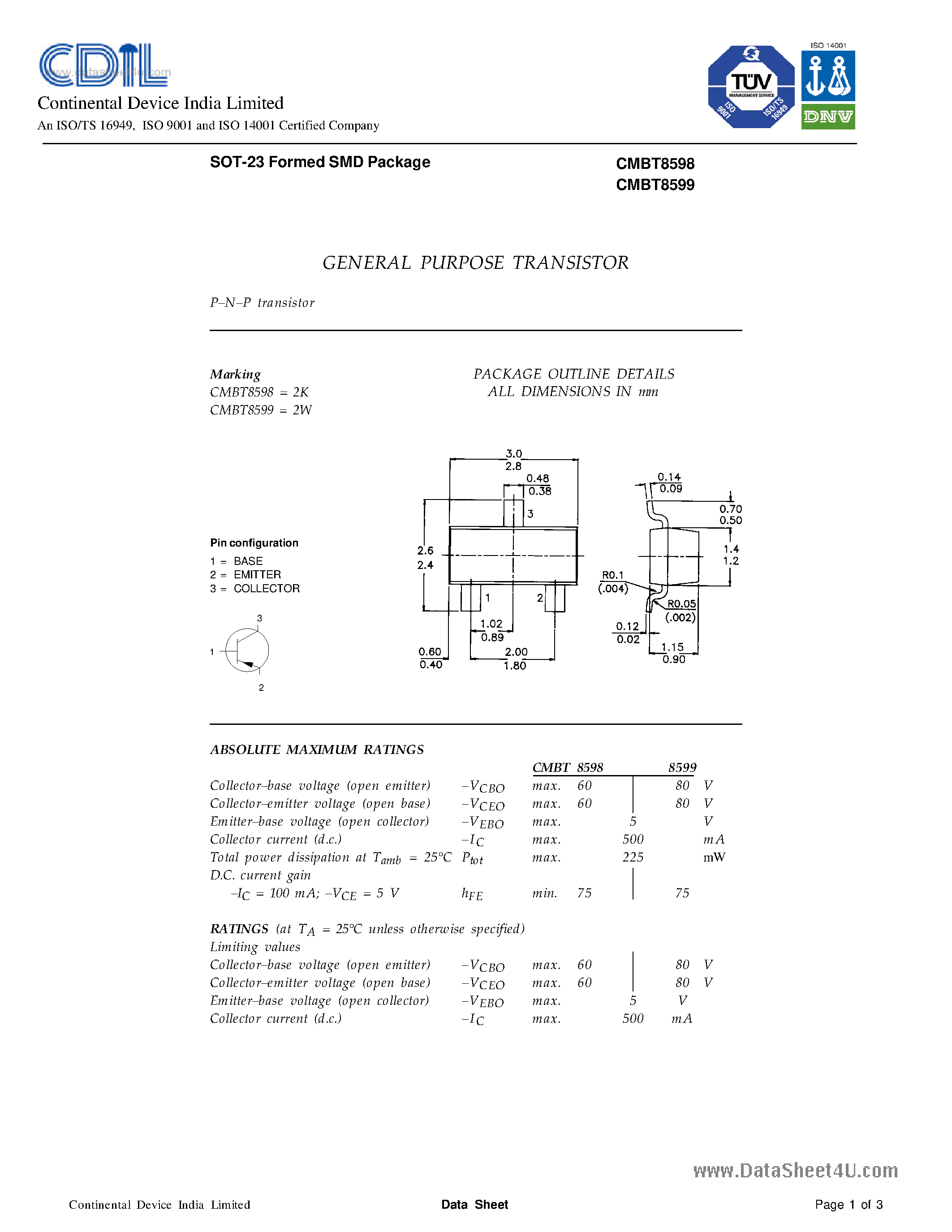 Даташит CMBT8598 - (CMBT8598 / CMBT8599) TRANSISTORS страница 1