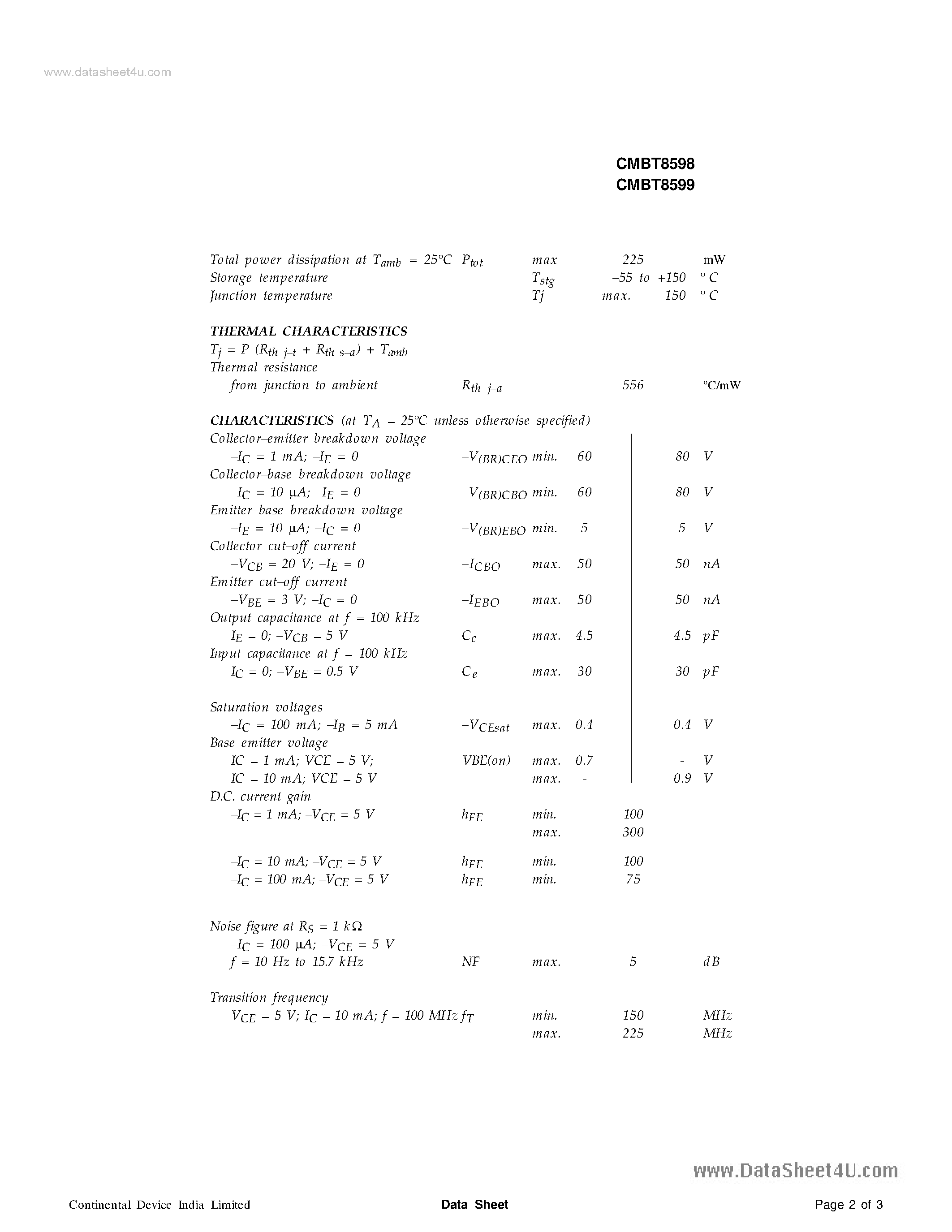 Даташит CMBT8598 - (CMBT8598 / CMBT8599) TRANSISTORS страница 2