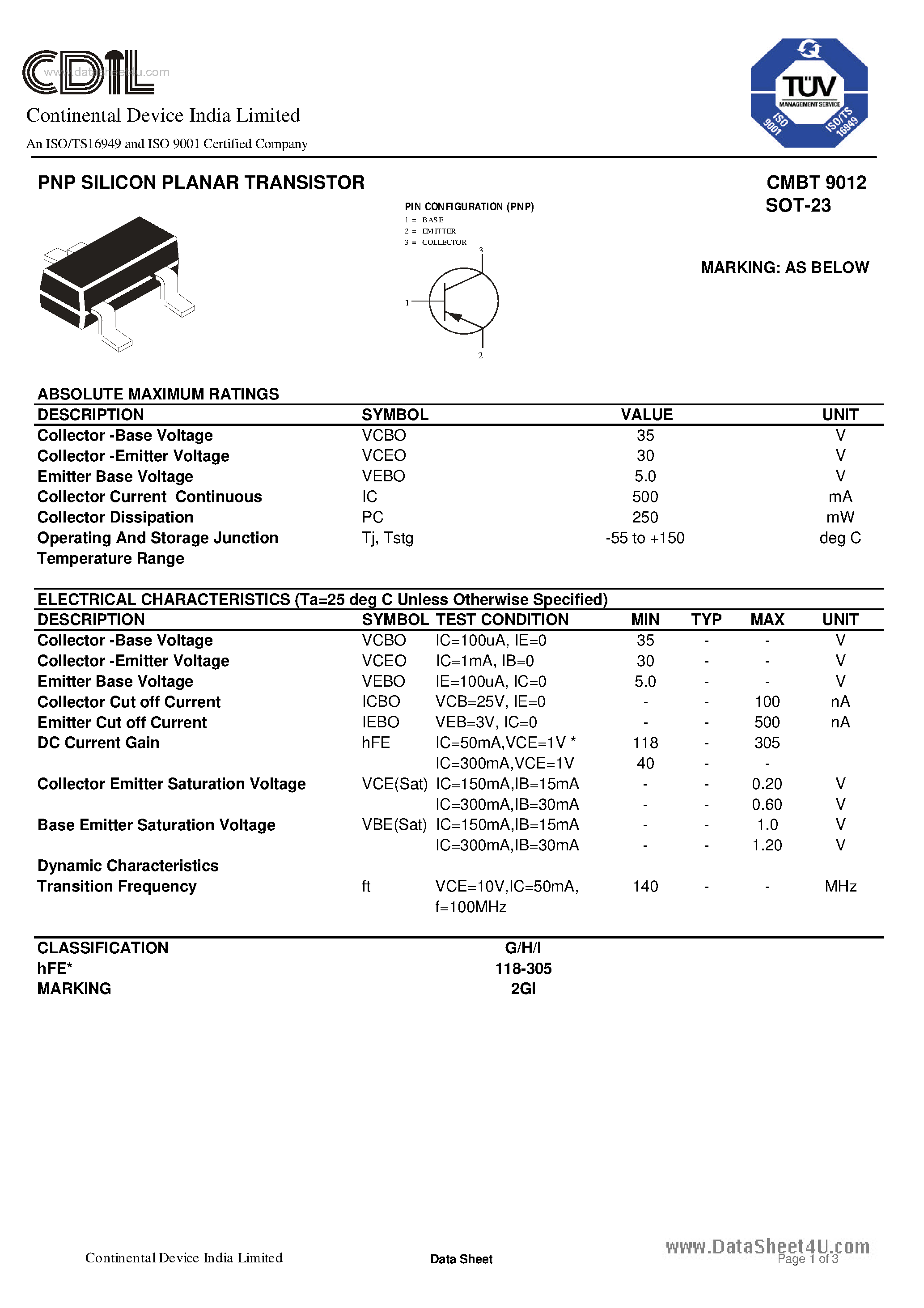 Даташит CMBT9012 - TRANSISTORS страница 1