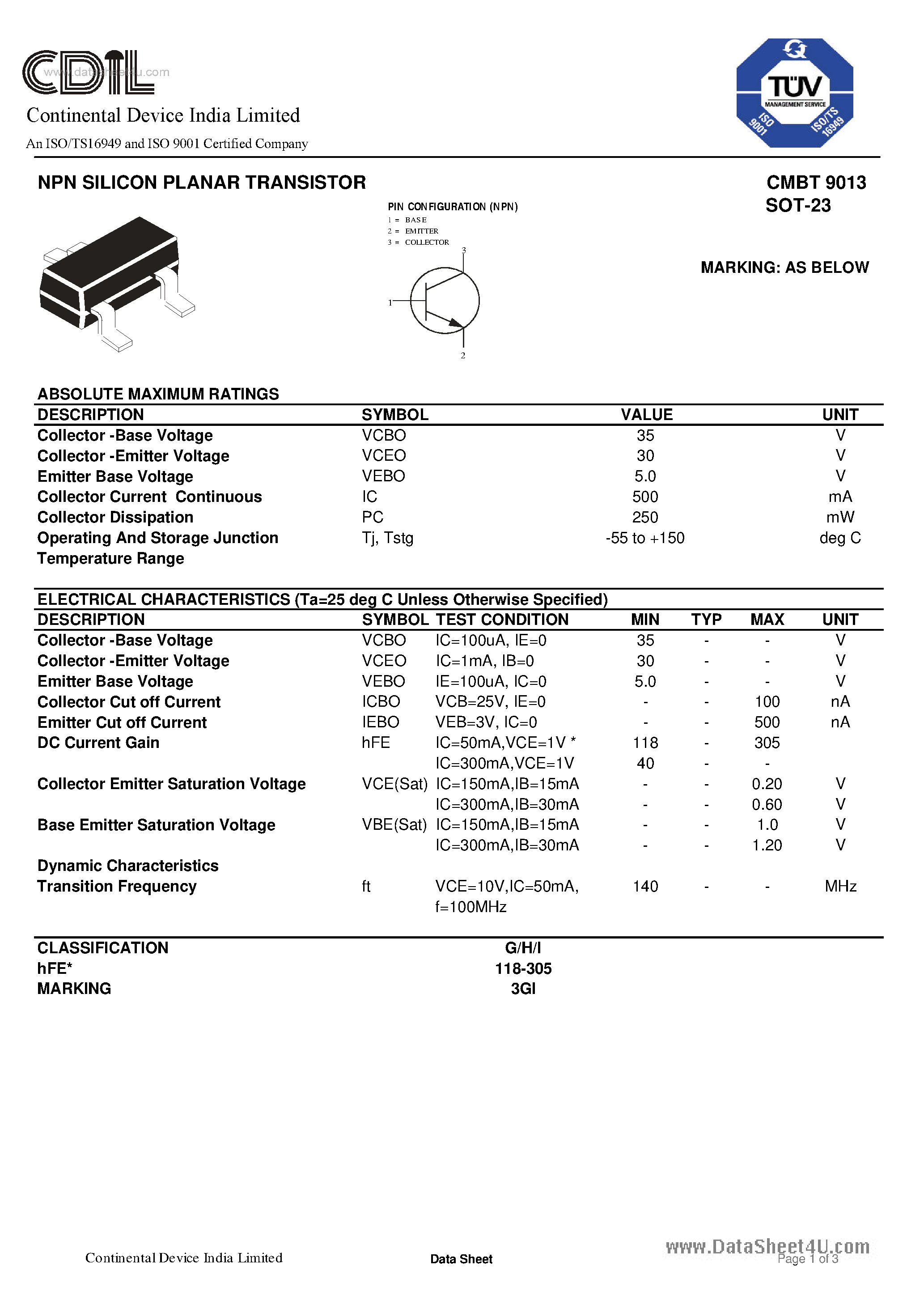 Даташит CMBT9013 - TRANSISTORS страница 1