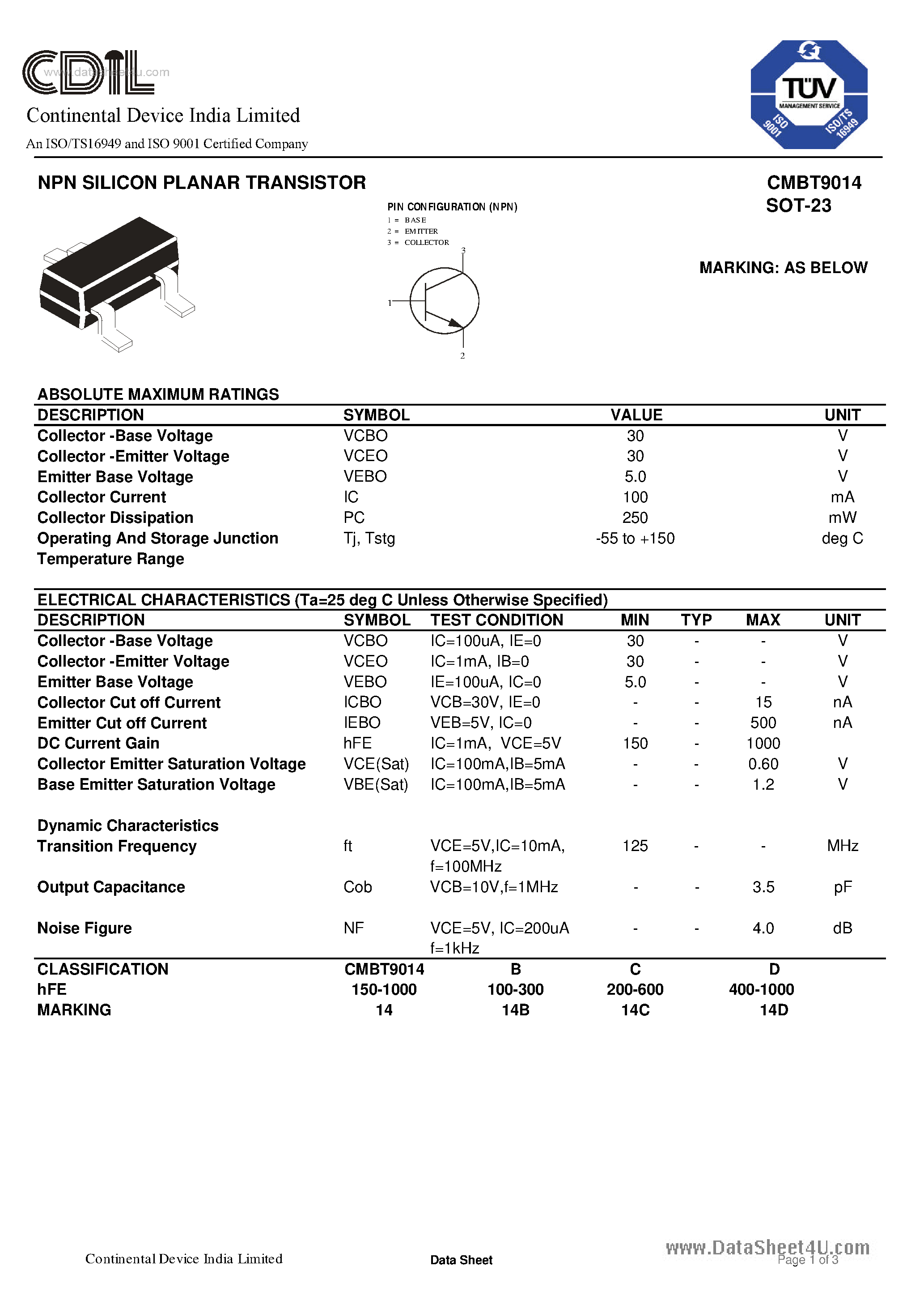 Даташит CMBT9014 - TRANSISTORS страница 1