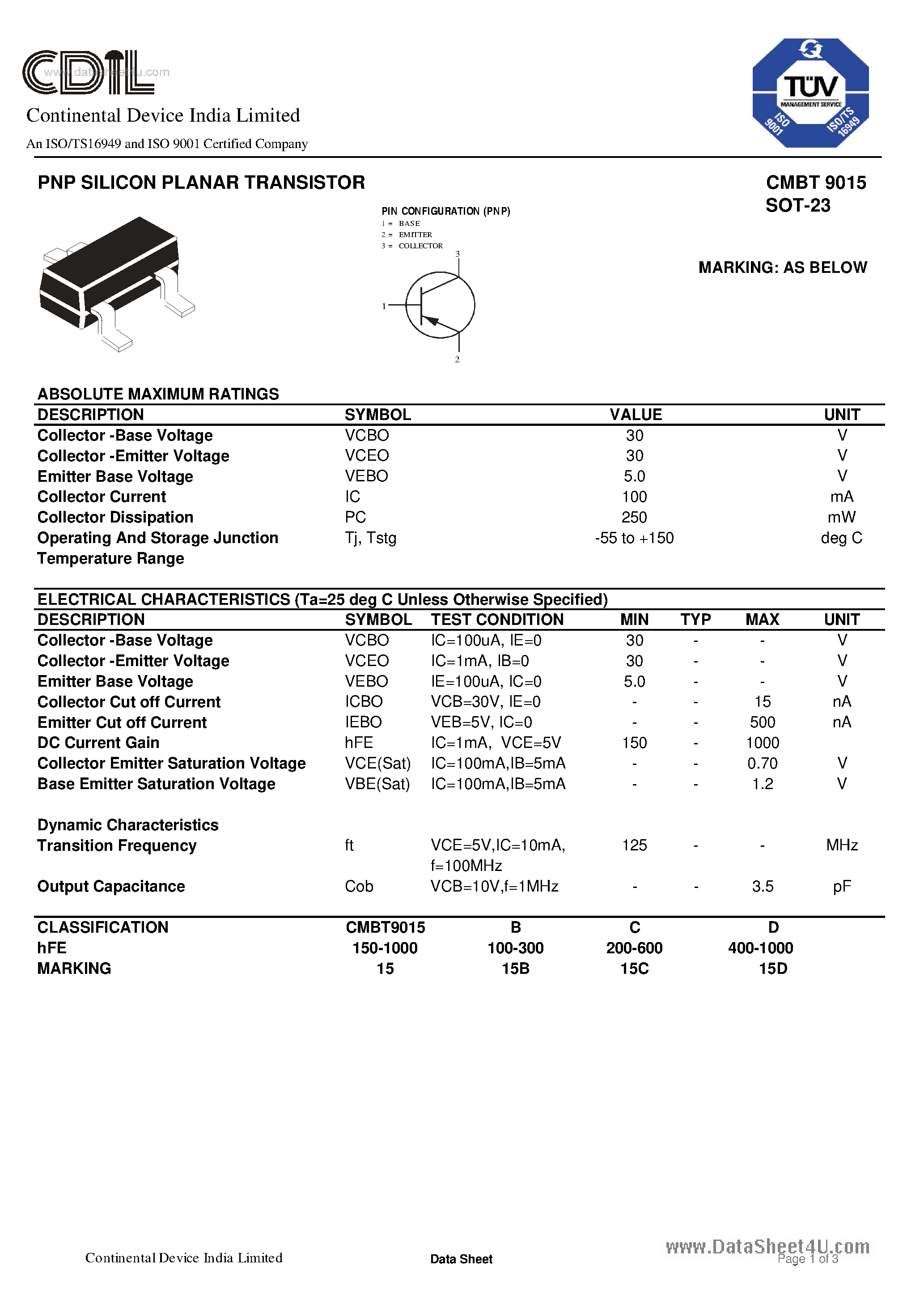 Даташит CMBT9015 - TRANSISTORS страница 1
