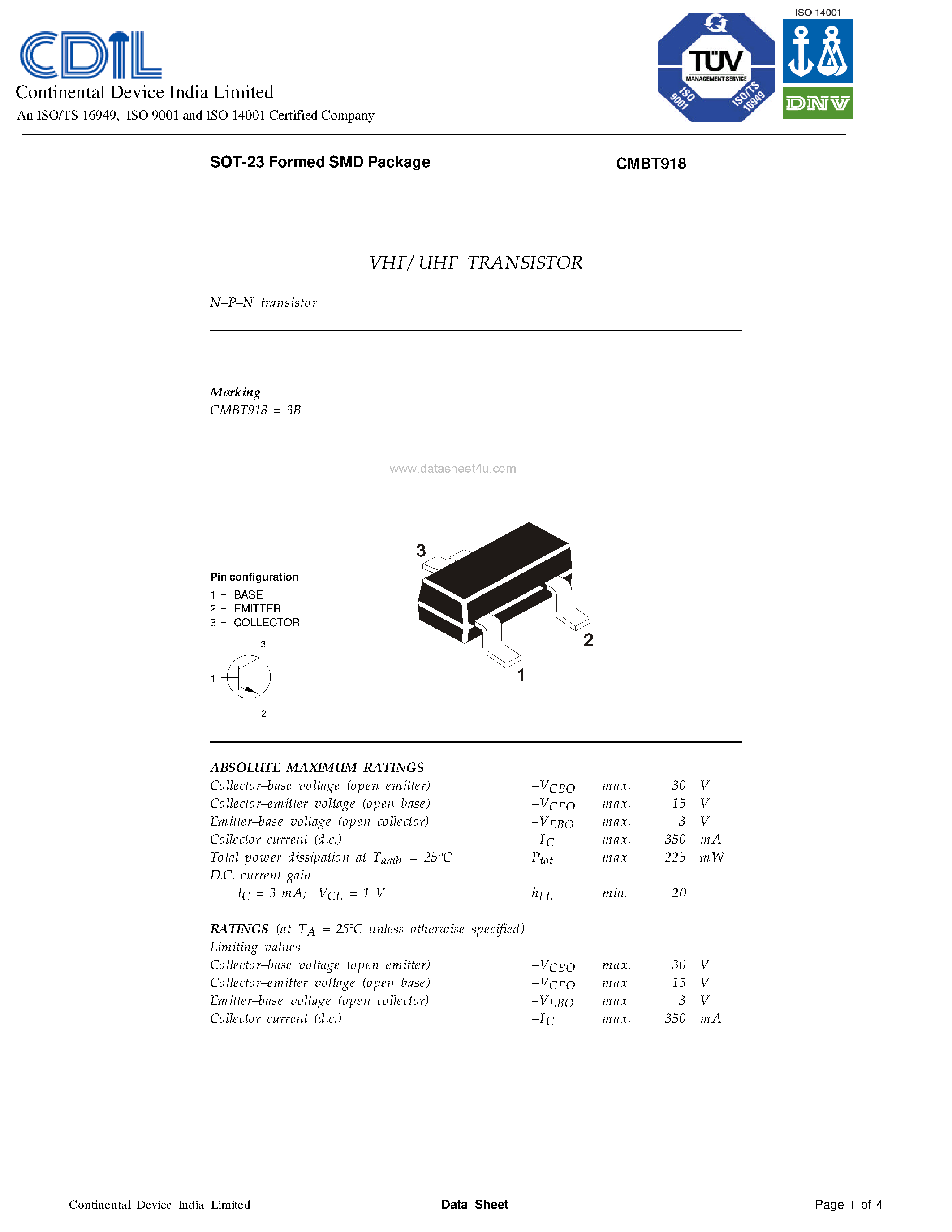 Даташит CMBT918 - TRANSISTORS страница 1