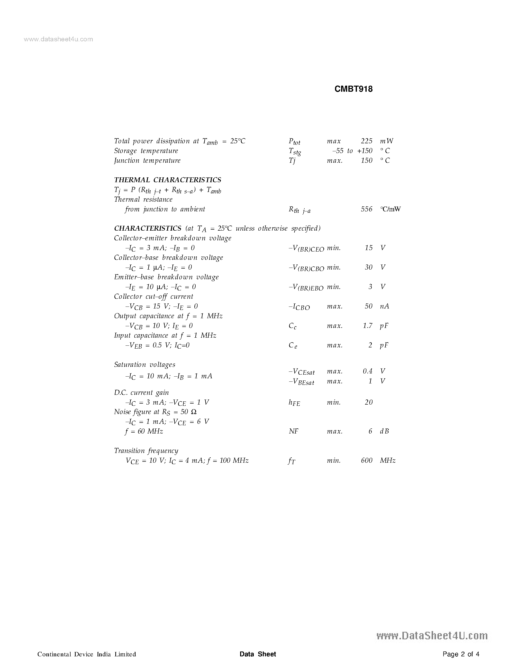 Даташит CMBT918 - TRANSISTORS страница 2