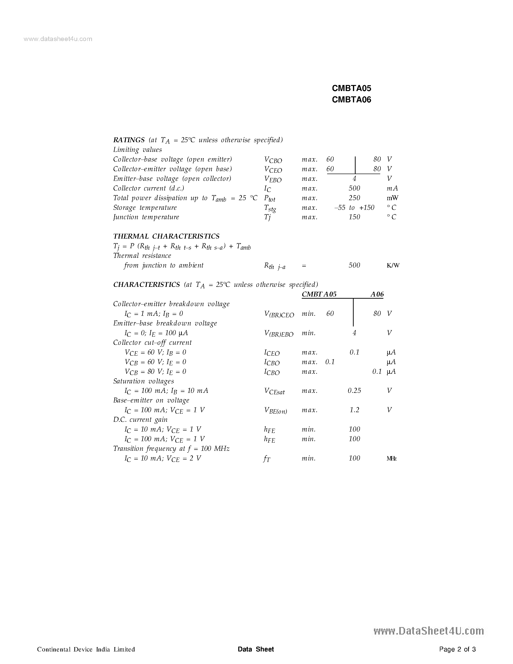 Даташит CMBTA05 - (CMBTA05 / CMBTA06) TRANSISTORS страница 2