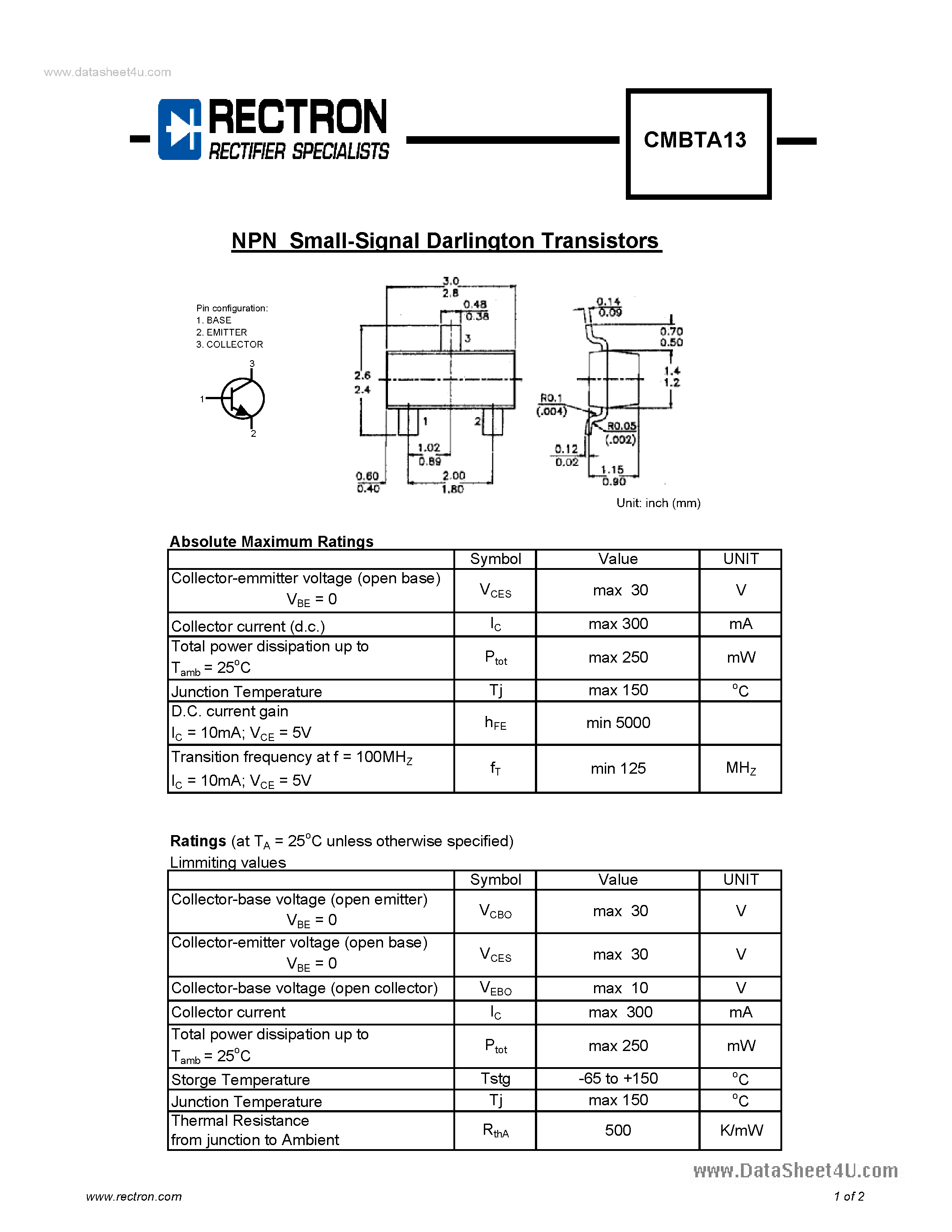 Даташит CMBTA13 - NPN Small-Signal Darlington Transistors страница 1